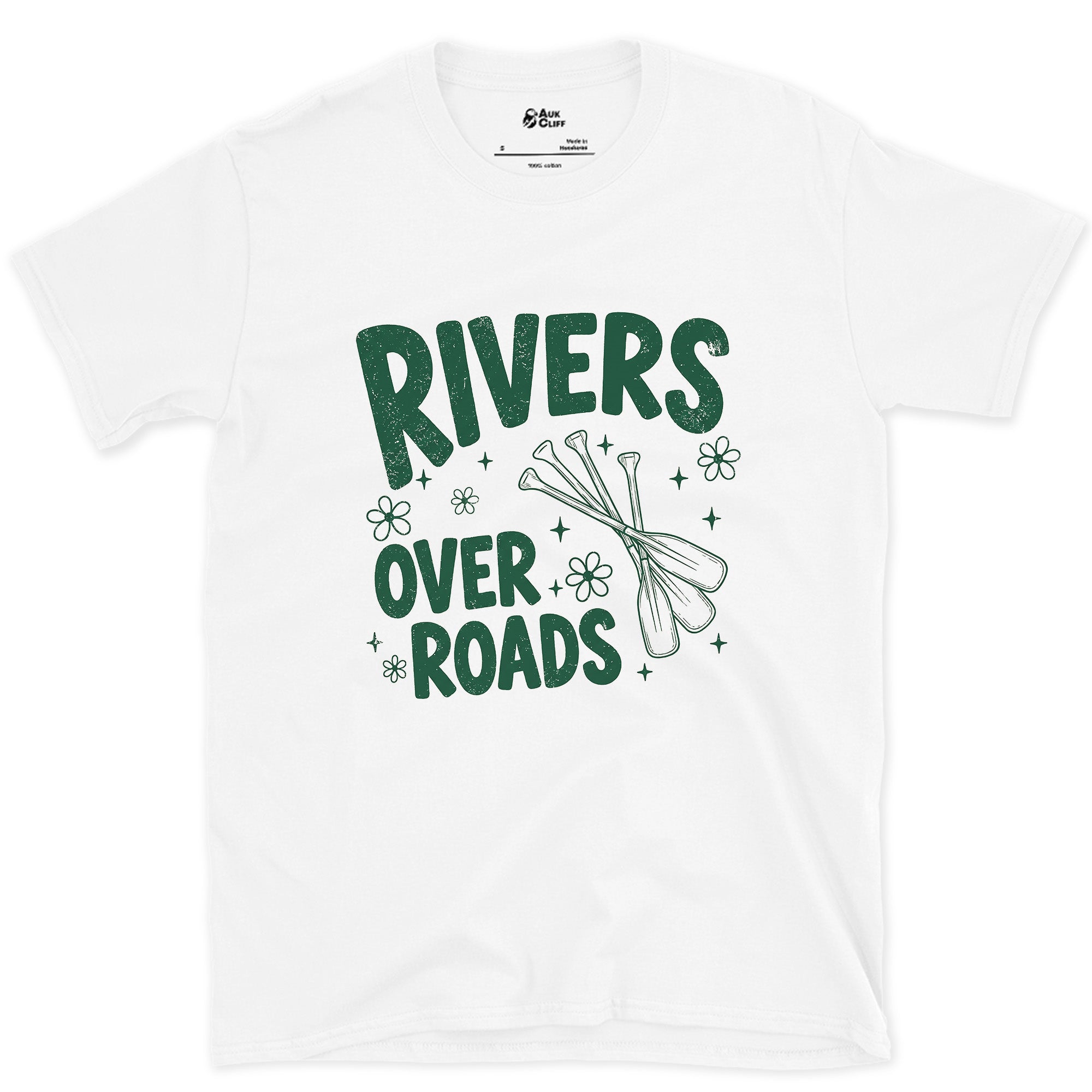 Rivers Over Roads, Crossed Paddles design on a White Gildan Softstyle t-shirt