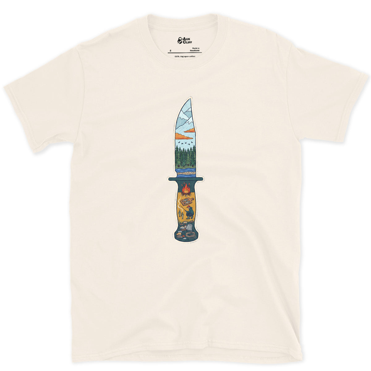 Riverside Camp at Dusk, Sheath Knife design on a Natural Gildan Softstyle t-shirt