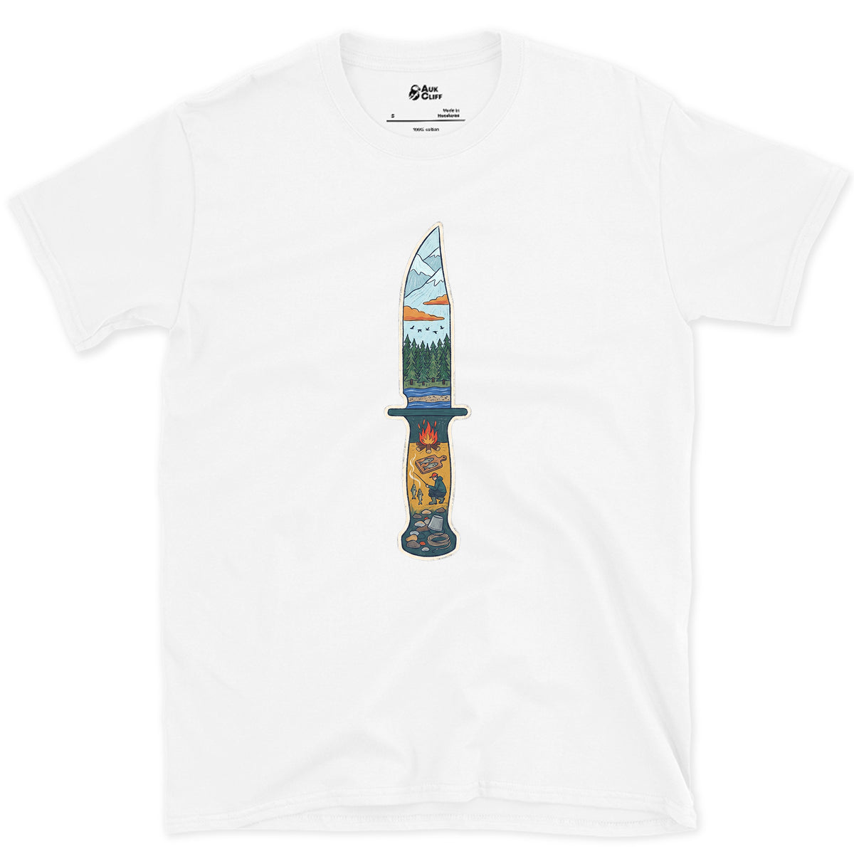 Riverside Camp at Dusk, Sheath Knife design on a White Gildan Softstyle t-shirt