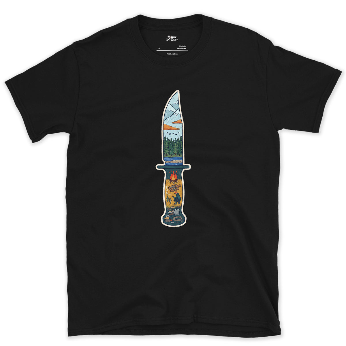 Riverside Camp at Dusk, Sheath Knife design on a Black Gildan Softstyle t-shirt