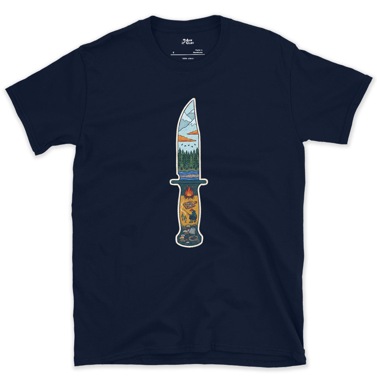 Riverside Camp at Dusk, Sheath Knife design on a Navy Gildan Softstyle t-shirt
