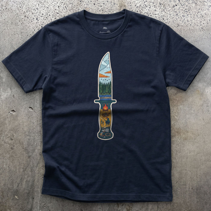 Riverside Camp at Dusk, Sheath Knife design on a Navy Gildan Softstyle t-shirt
