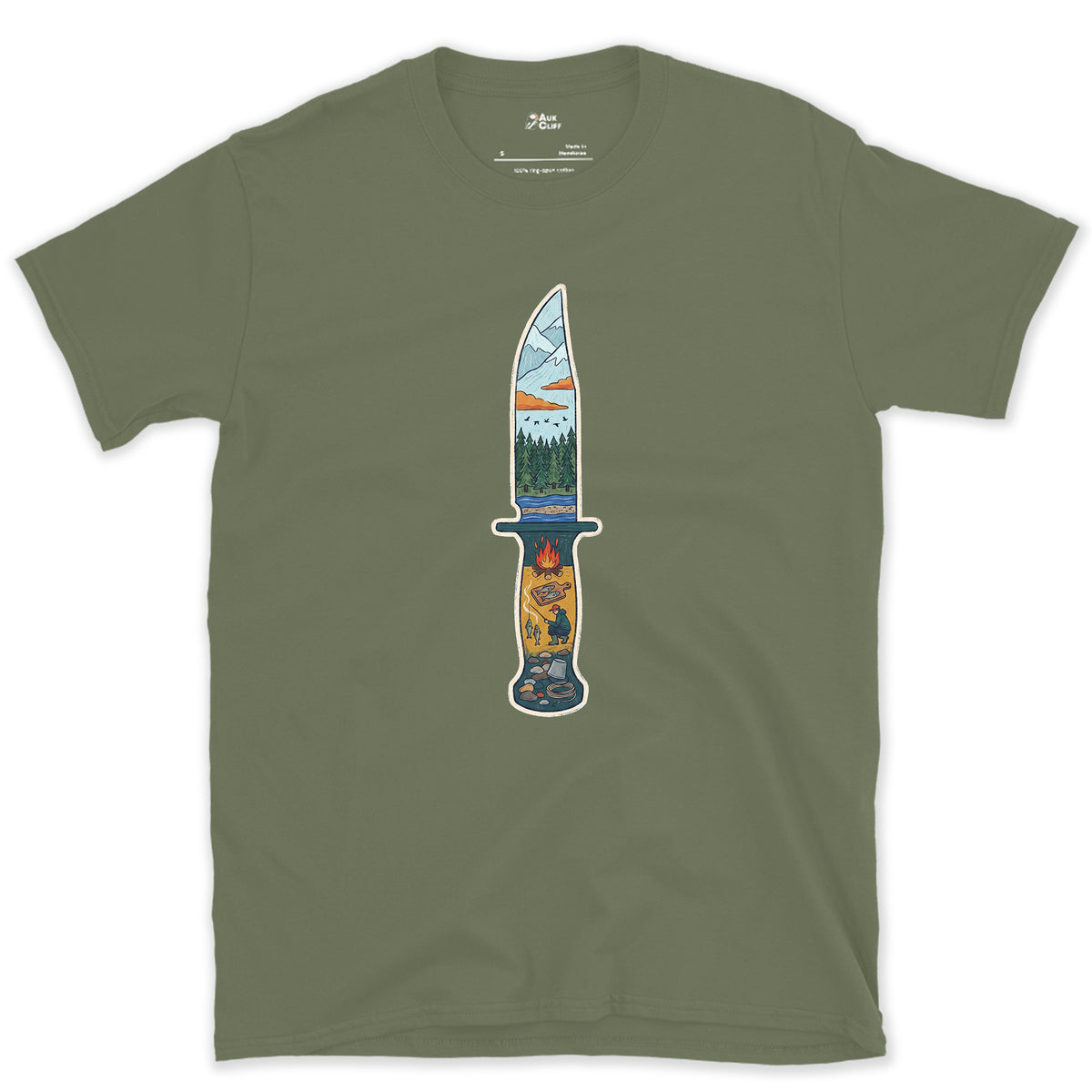 Riverside Camp at Dusk, Sheath Knife design on a Military Green Gildan Softstyle t-shirt