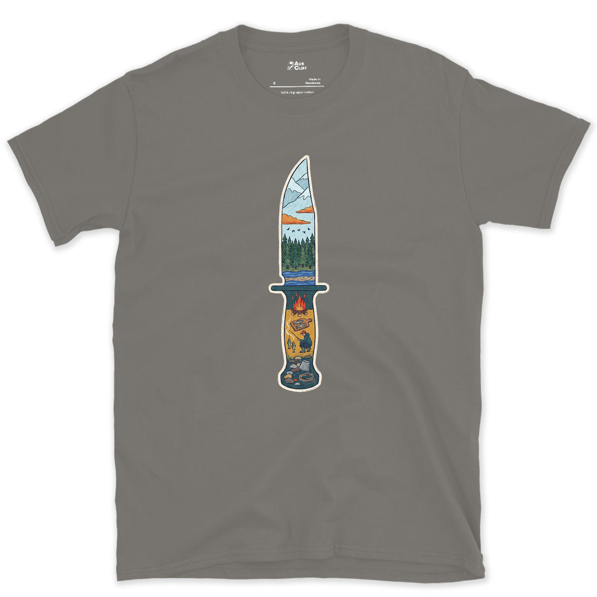 Riverside Camp at Dusk, Sheath Knife design on a Charcoal Gildan Softstyle t-shirt