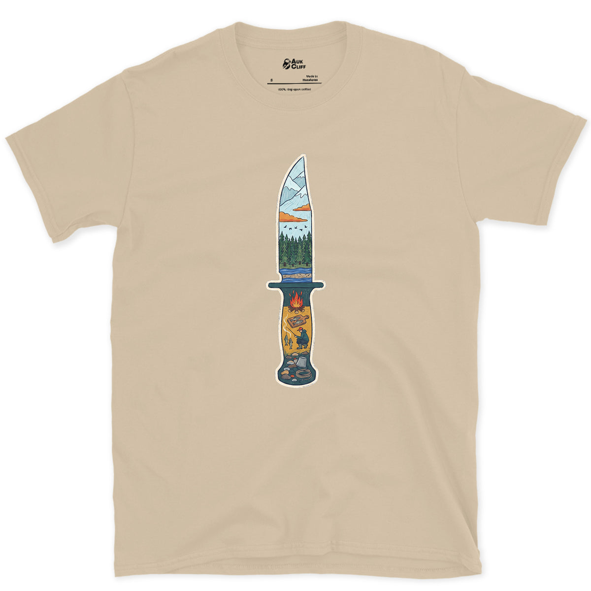 Riverside Camp at Dusk, Sheath Knife design on a Sand Gildan Softstyle t-shirt