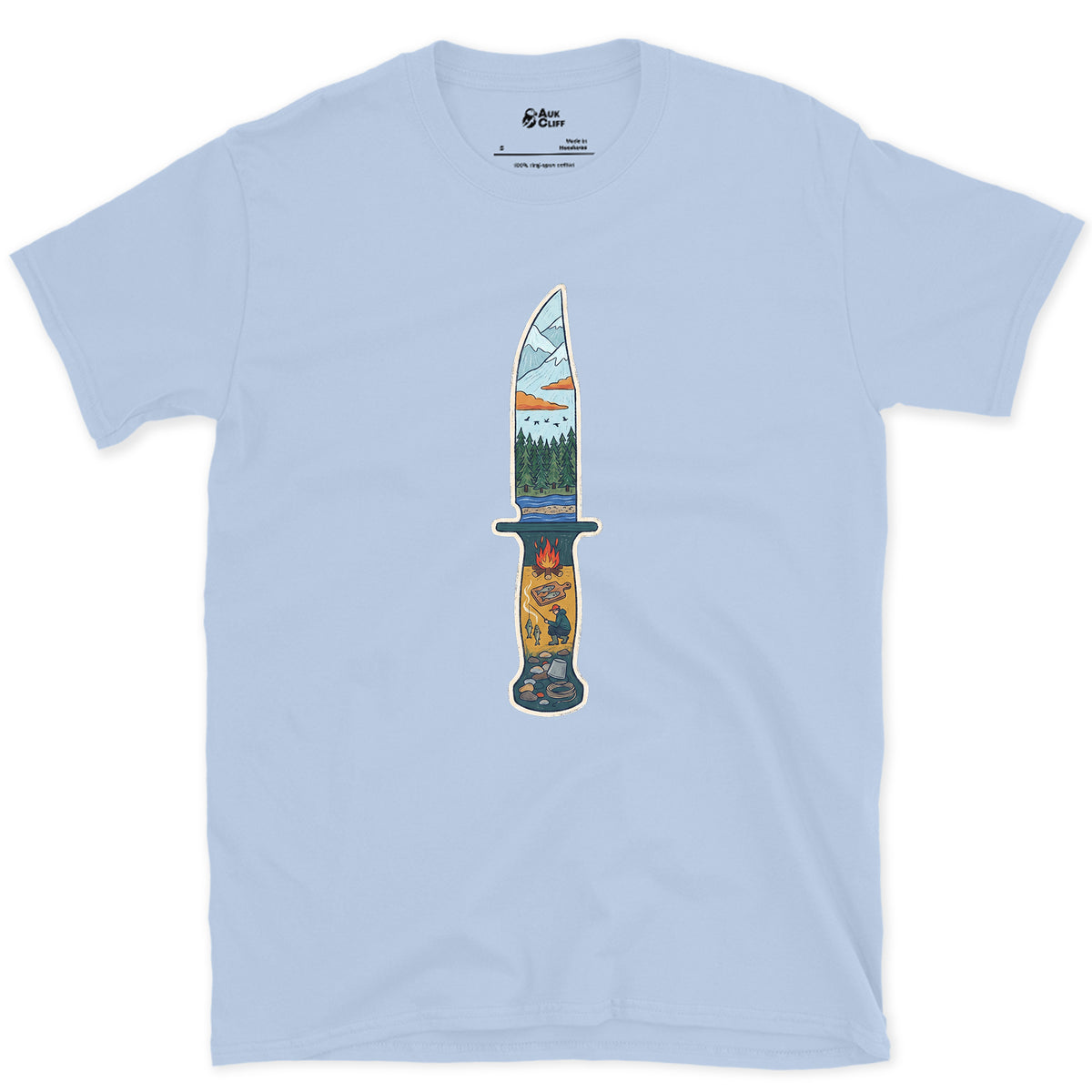 Riverside Camp at Dusk, Sheath Knife design on a Light Blue Gildan Softstyle t-shirt