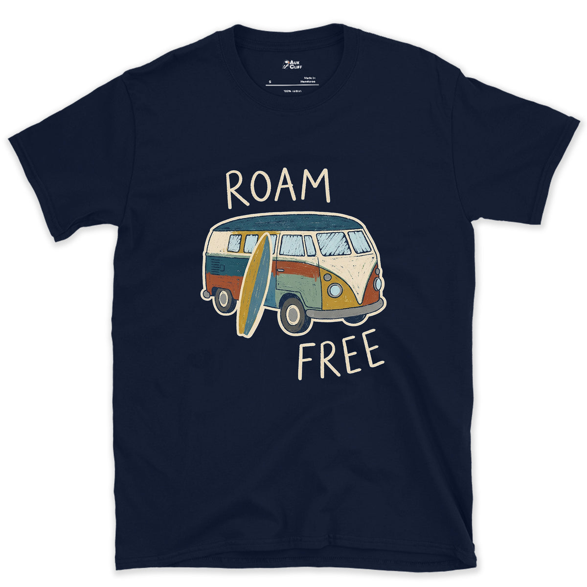 Roam Free in a VW Bus With a Board design on a Navy Gildan Softstyle t-shirt