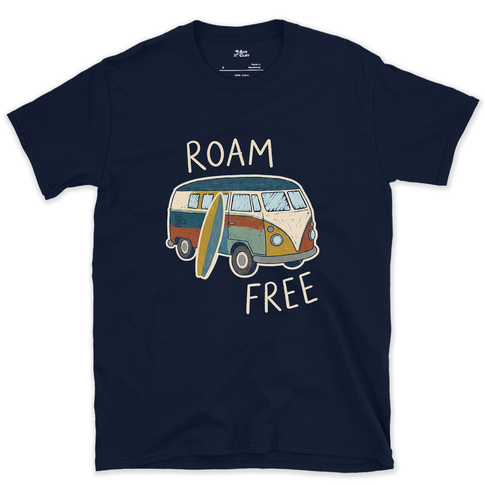 Roam Free in a VW Bus With a Board design on a Navy Gildan Softstyle t-shirt