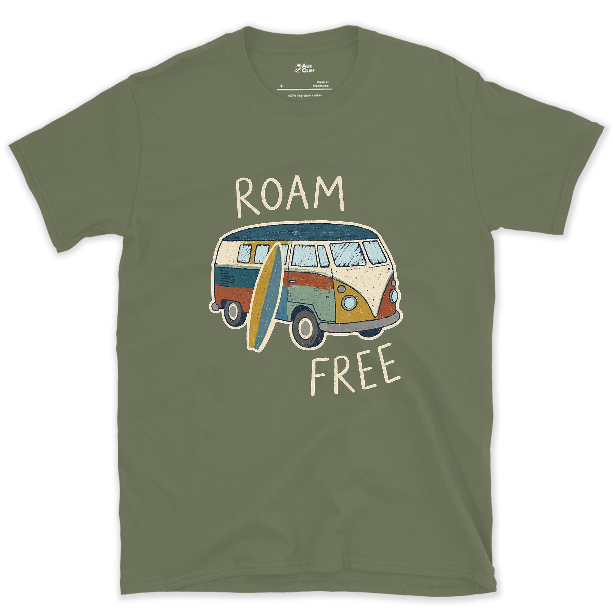 Roam Free in a VW Bus With a Board design on a Military Green Gildan Softstyle t-shirt