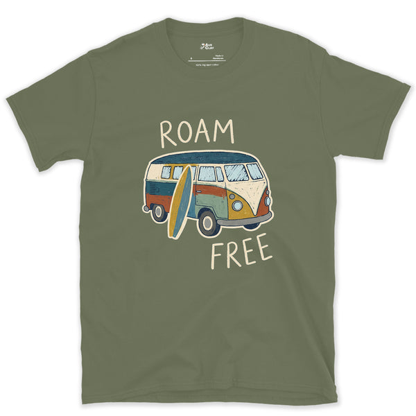 Roam Free in a VW Bus With a Board design on a Military Green Gildan Softstyle t-shirt