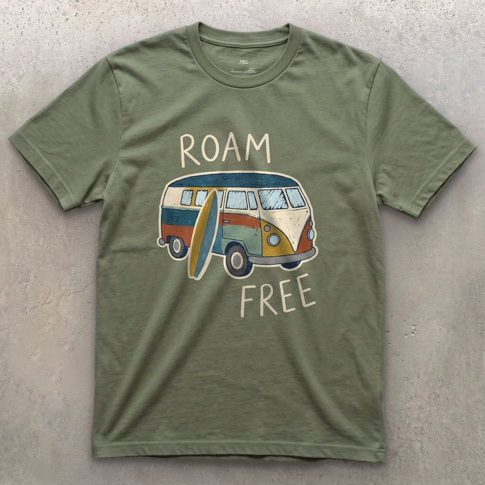 Roam Free in a VW Bus With a Board design on a Military Green Gildan Softstyle t-shirt
