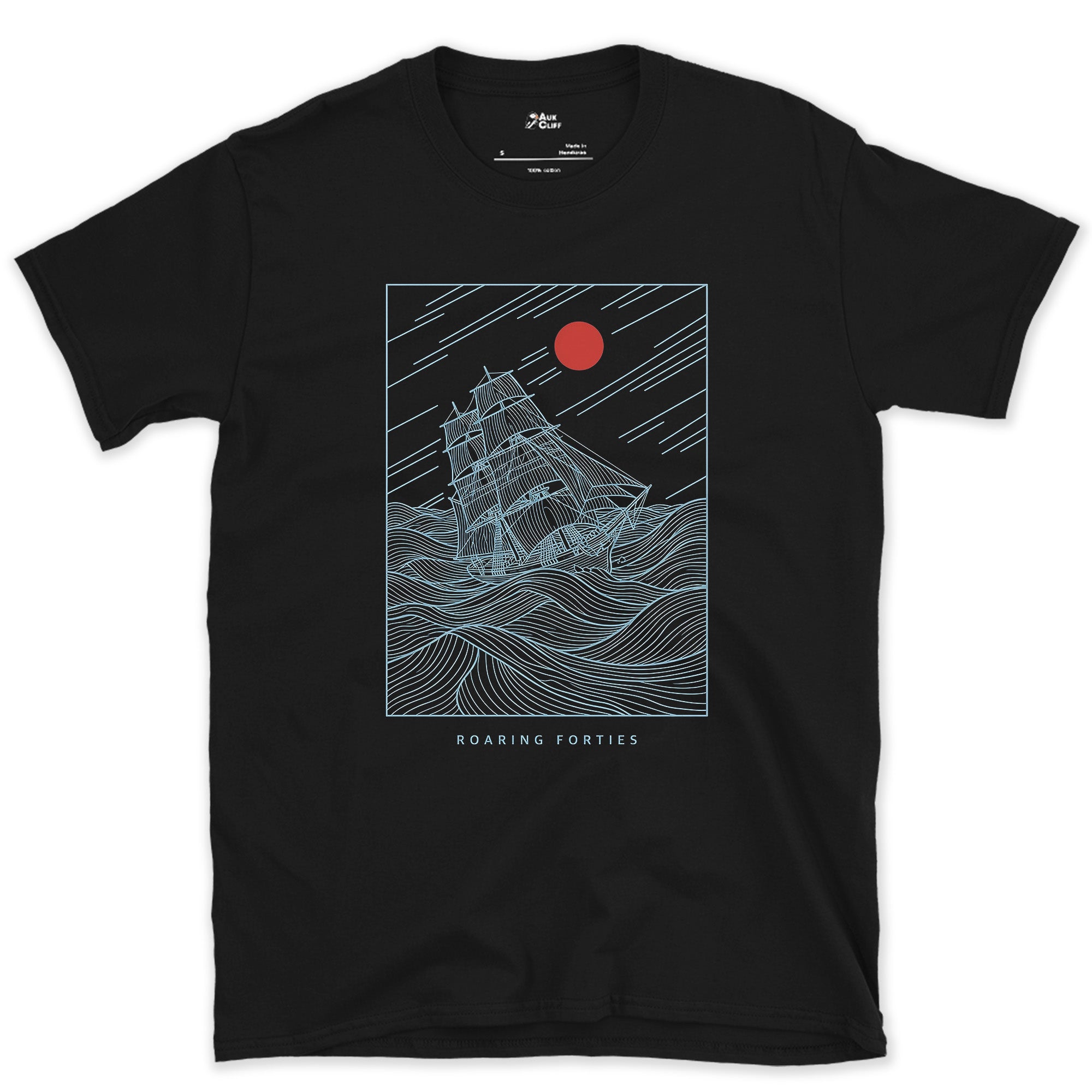 Roaring Forties, Tall Ship in Full Sail design on a Black Gildan Softstyle t-shirt