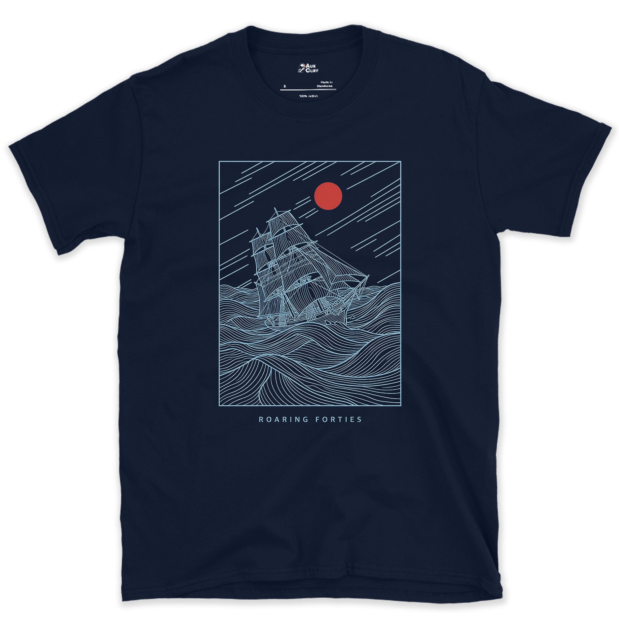 Roaring Forties, Tall Ship in Full Sail design on a Navy Gildan Softstyle t-shirt