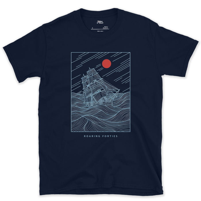 Roaring Forties, Tall Ship in Full Sail design on a Navy Gildan Softstyle t-shirt