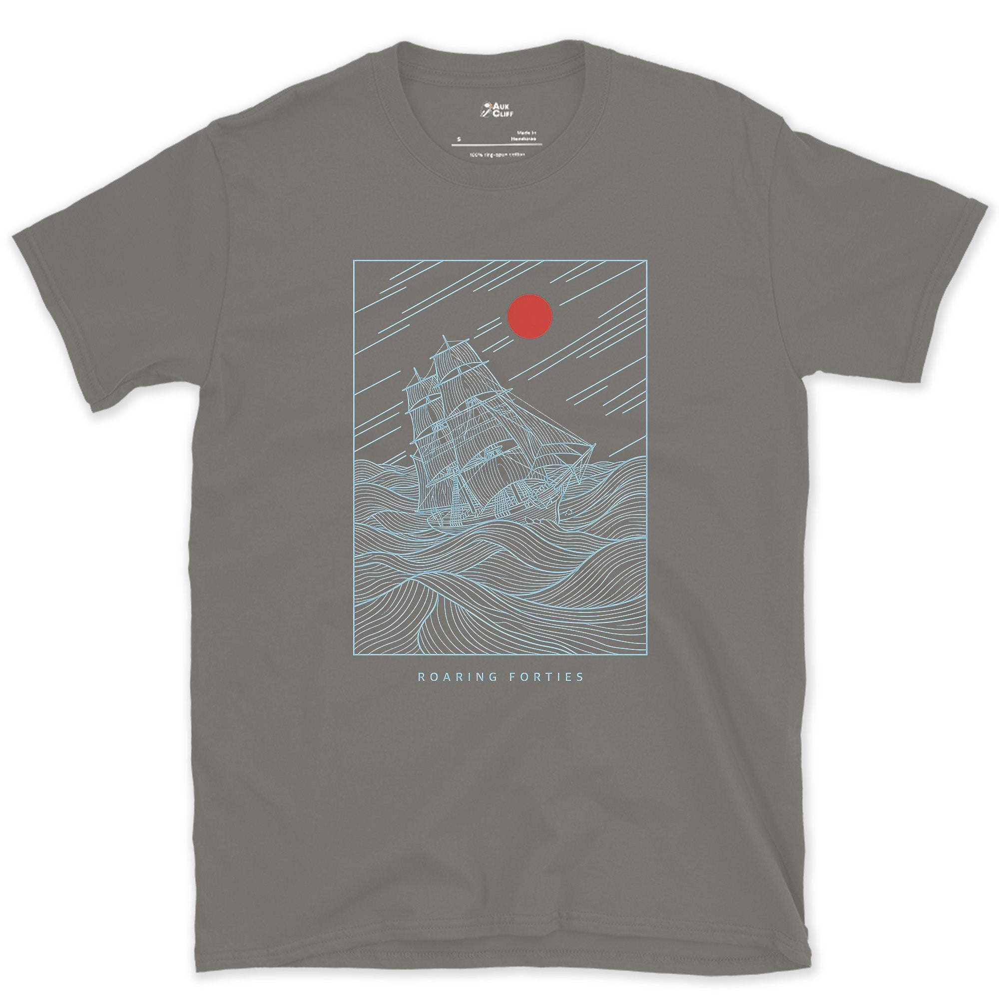 Roaring Forties, Tall Ship in Full Sail design on a Charcoal Gildan Softstyle t-shirt