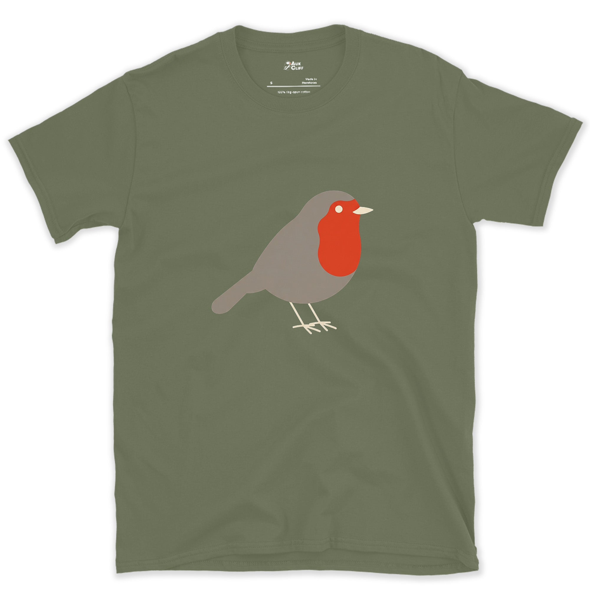 A Robin Reduced to Its Simplest Shape design on a Military Green Gildan Softstyle t-shirt