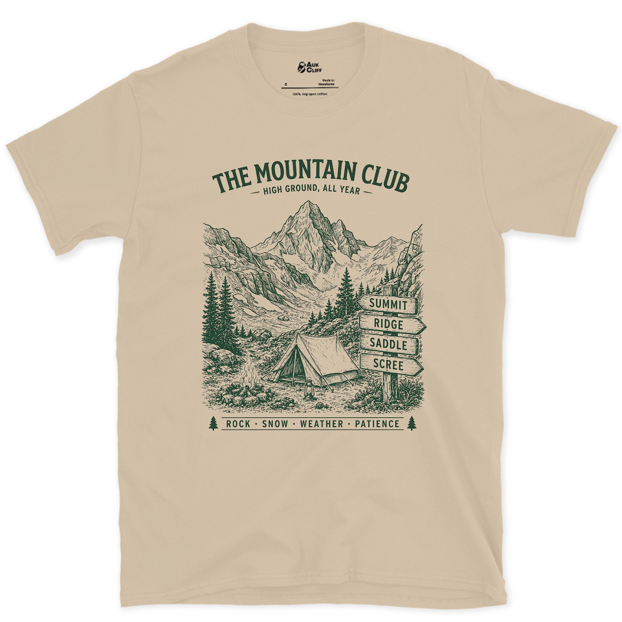 Rock Snow Weather Patience, Mountain Camp by the Creek design on a Sand Gildan Softstyle t-shirt
