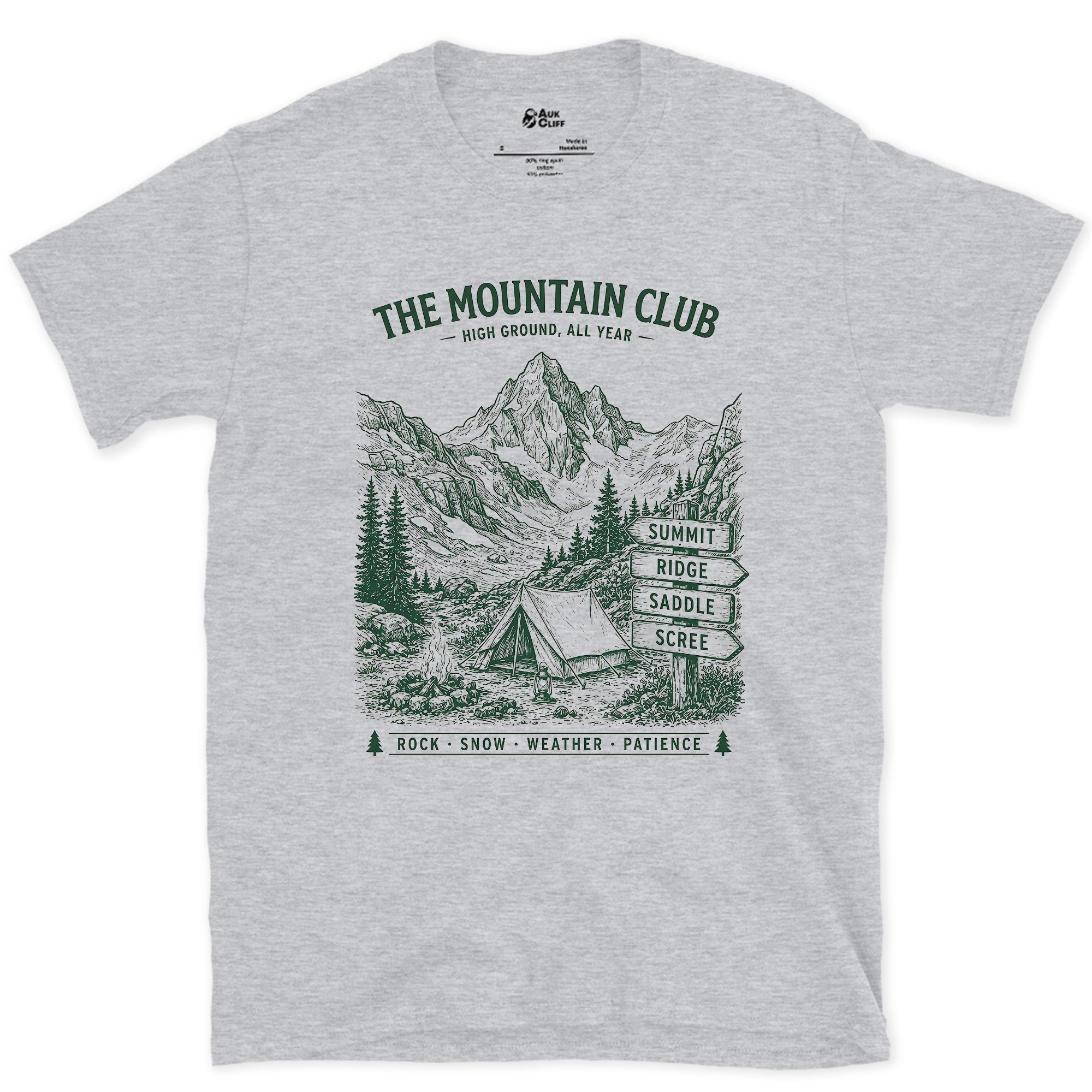 Rock Snow Weather Patience, Mountain Camp by the Creek design on a Sport Grey Gildan Softstyle t-shirt