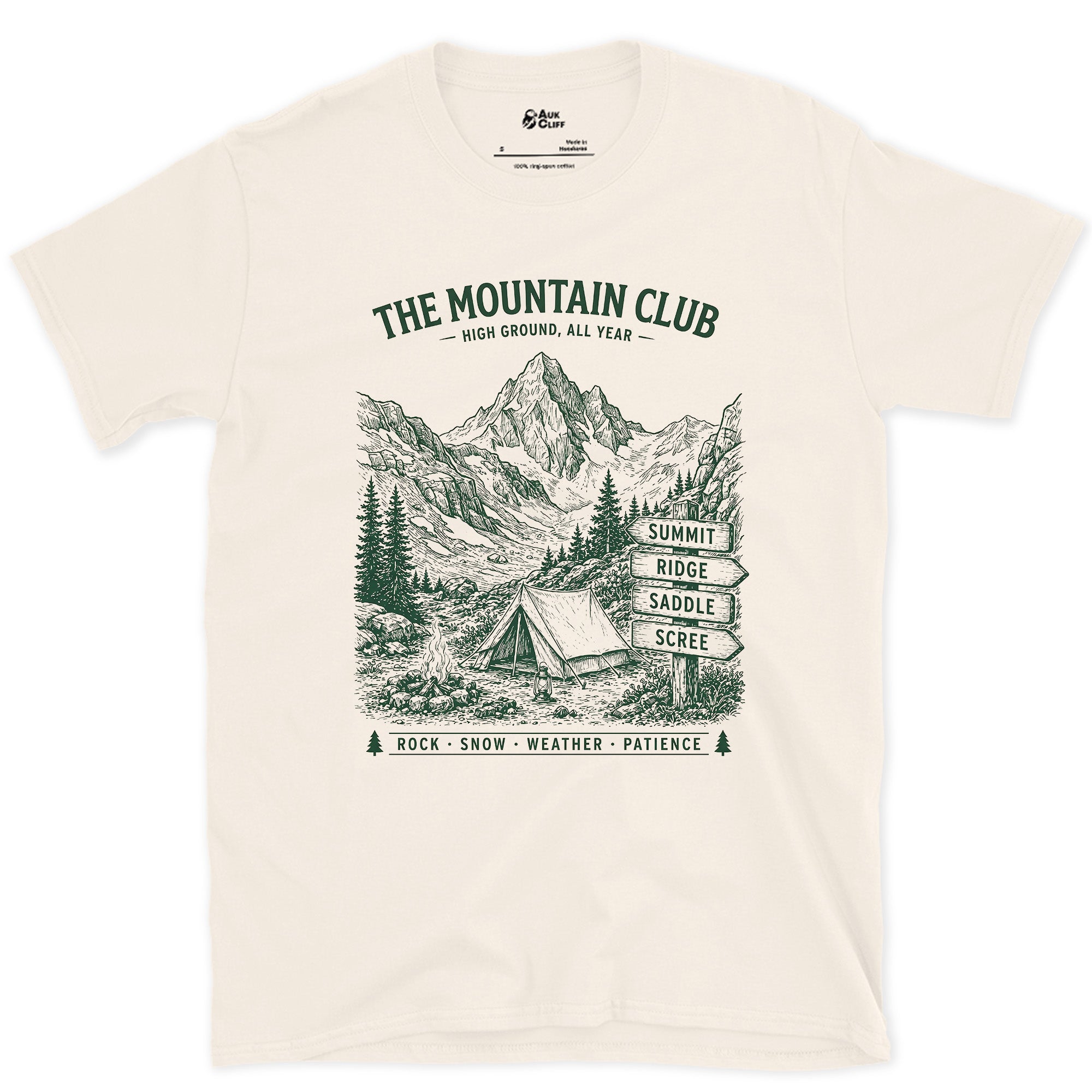 Rock Snow Weather Patience, Mountain Camp by the Creek design on a Natural Gildan Softstyle t-shirt