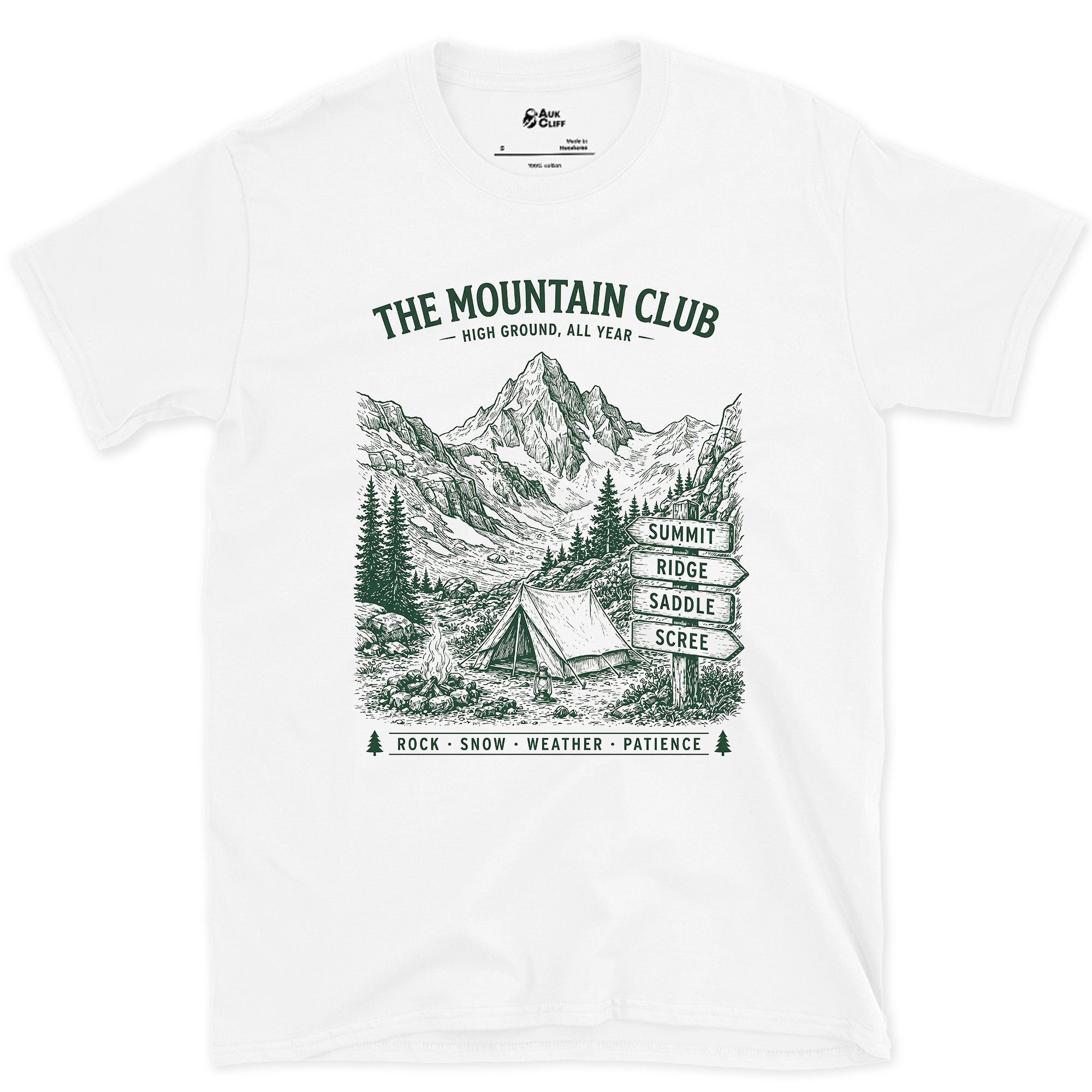 Rock Snow Weather Patience, Mountain Camp by the Creek design on a White Gildan Softstyle t-shirt