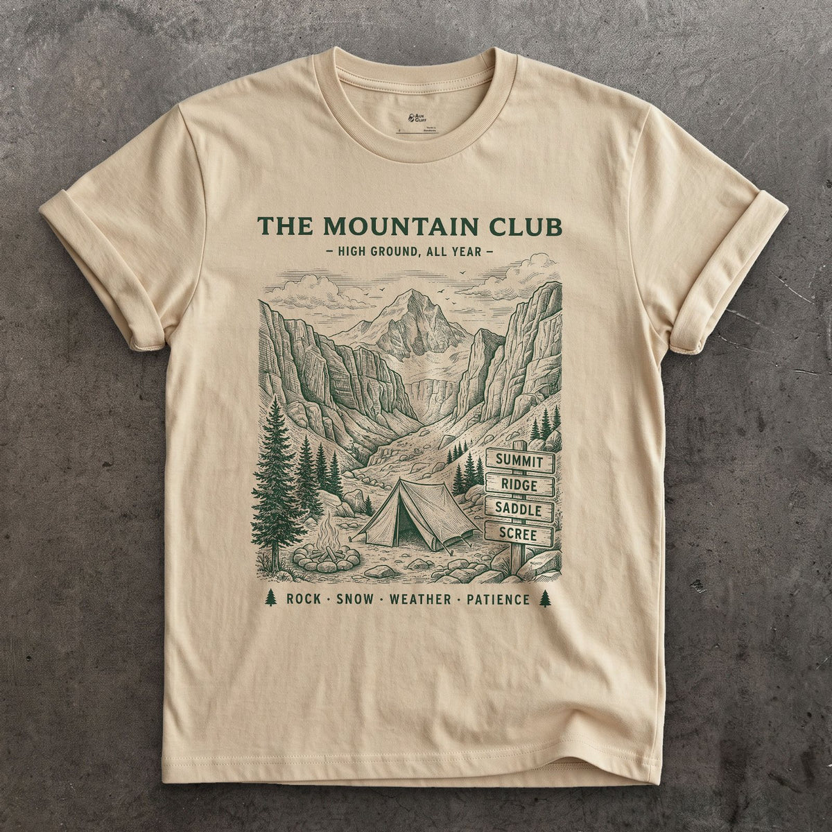 Rock Snow Weather Patience, Mountain Tent and Campfire design on a Sand Gildan Softstyle t-shirt