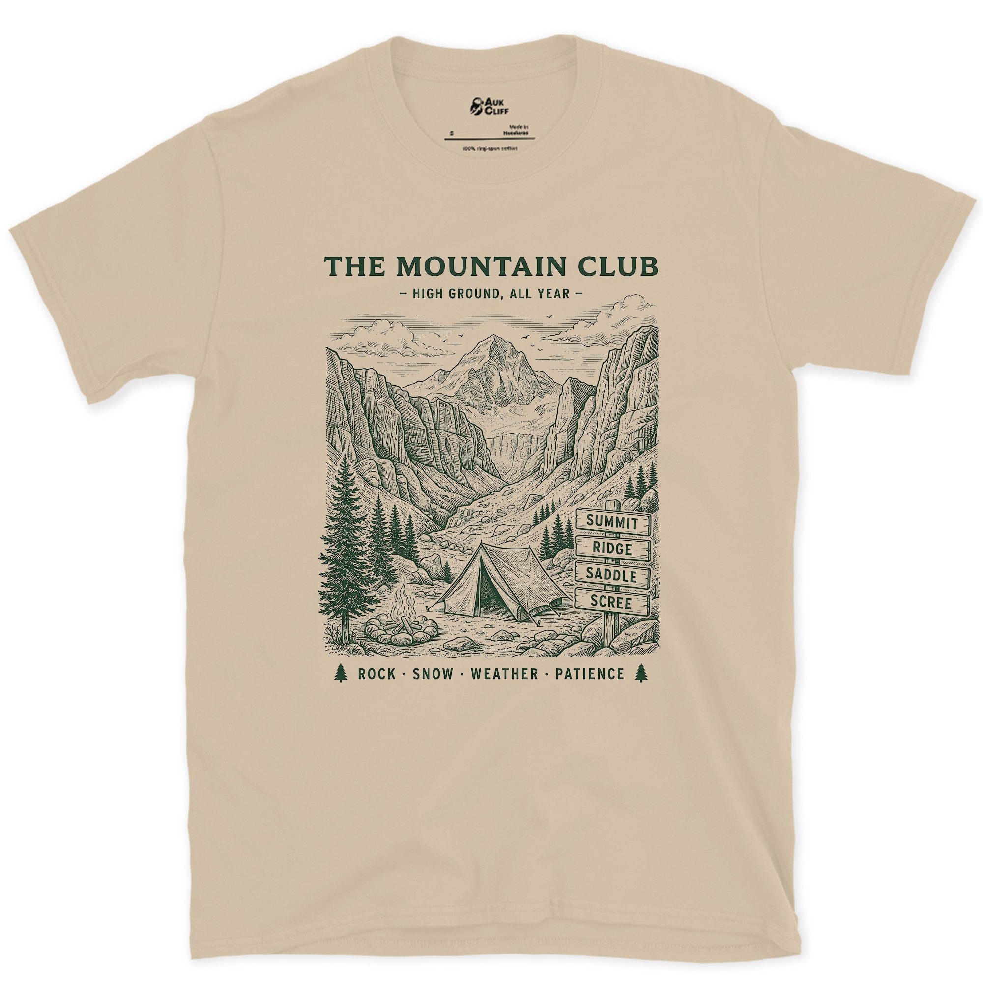Rock Snow Weather Patience, Mountain Tent and Campfire design on a Sand Gildan Softstyle t-shirt