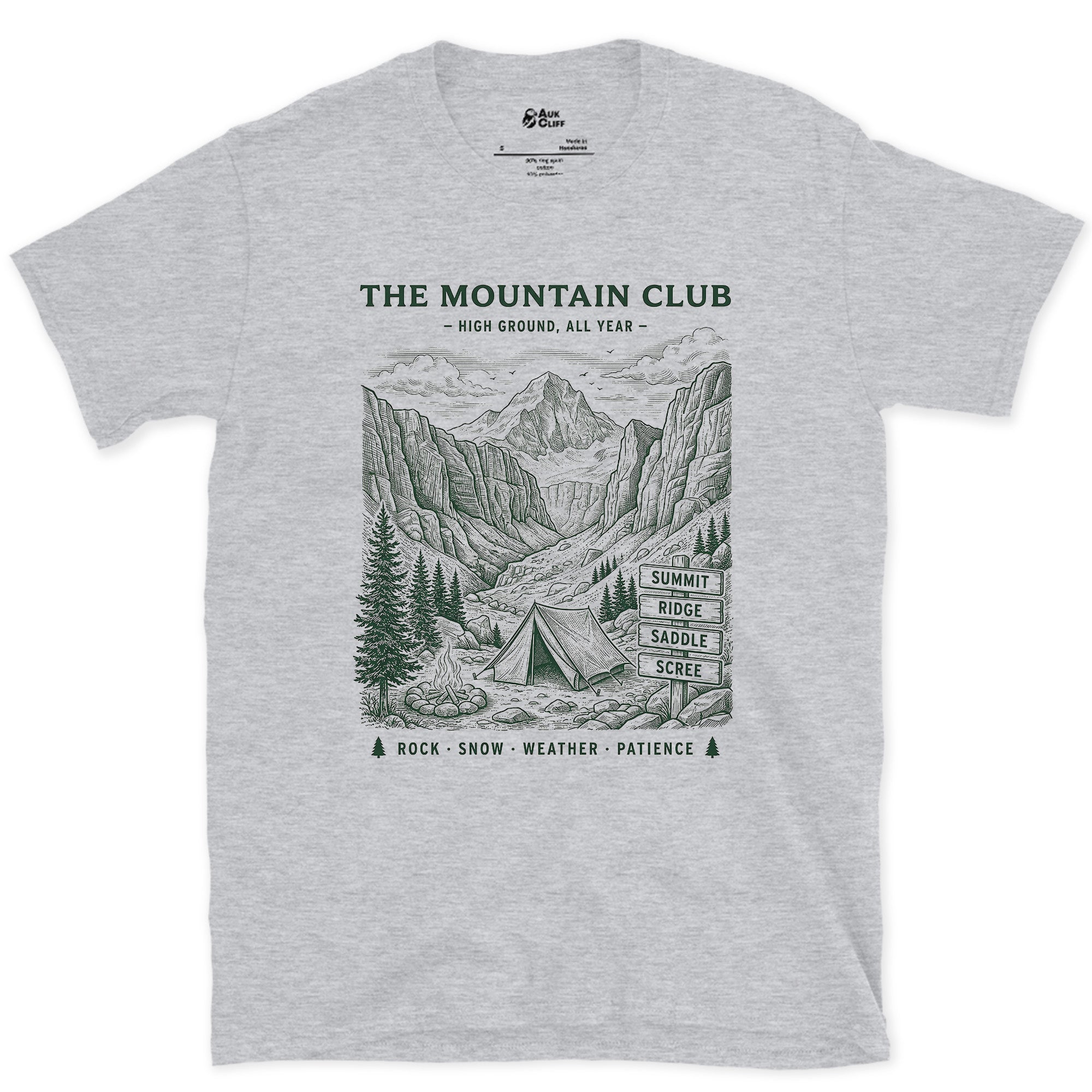 Rock Snow Weather Patience, Mountain Tent and Campfire design on a Sport Grey Gildan Softstyle t-shirt