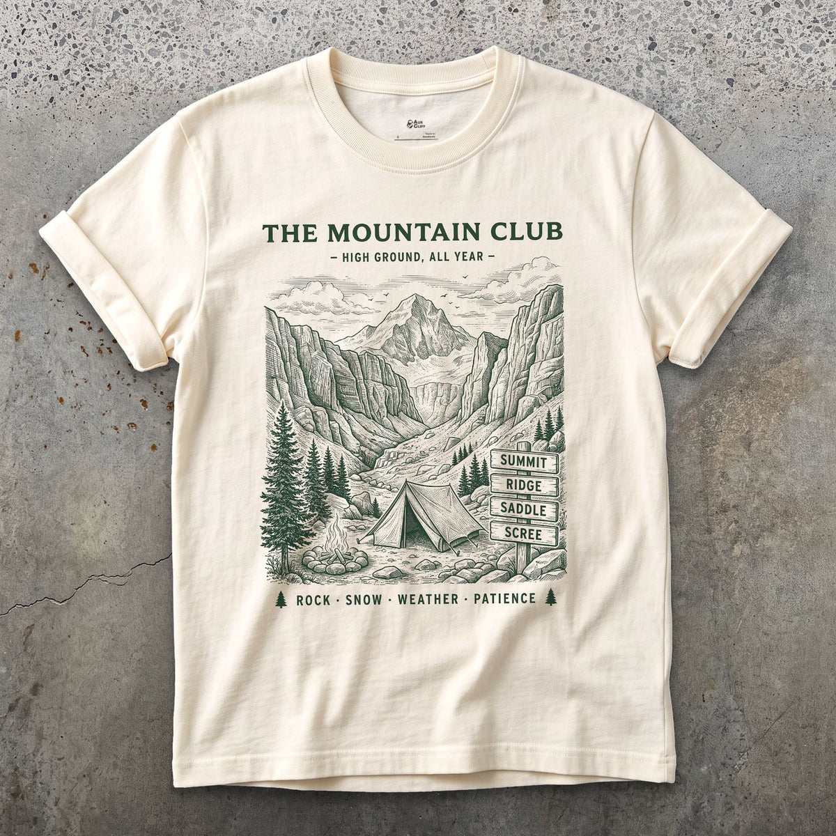 Rock Snow Weather Patience, Mountain Tent and Campfire design on a Natural Gildan Softstyle t-shirt