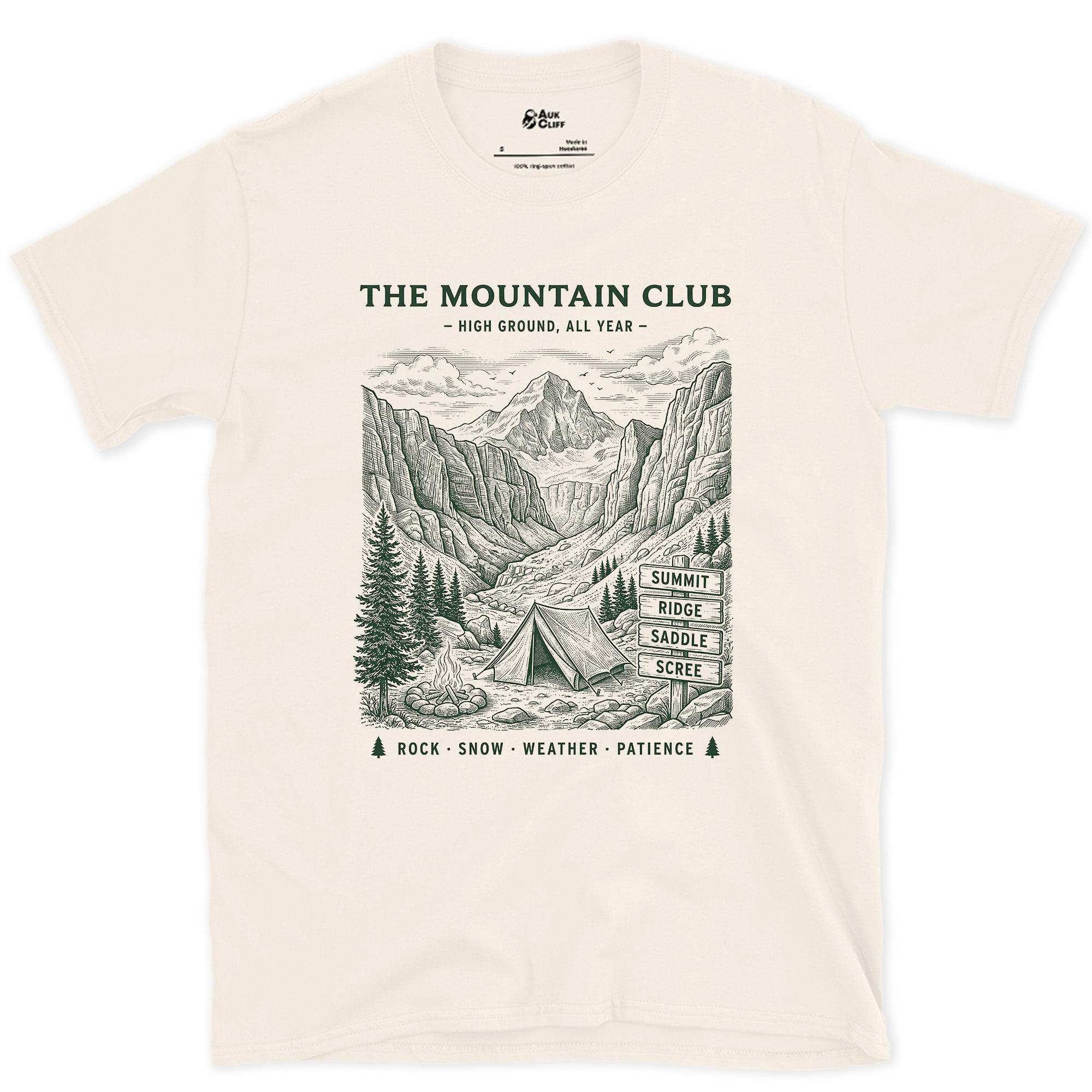 Rock Snow Weather Patience, Mountain Tent and Campfire design on a Natural Gildan Softstyle t-shirt