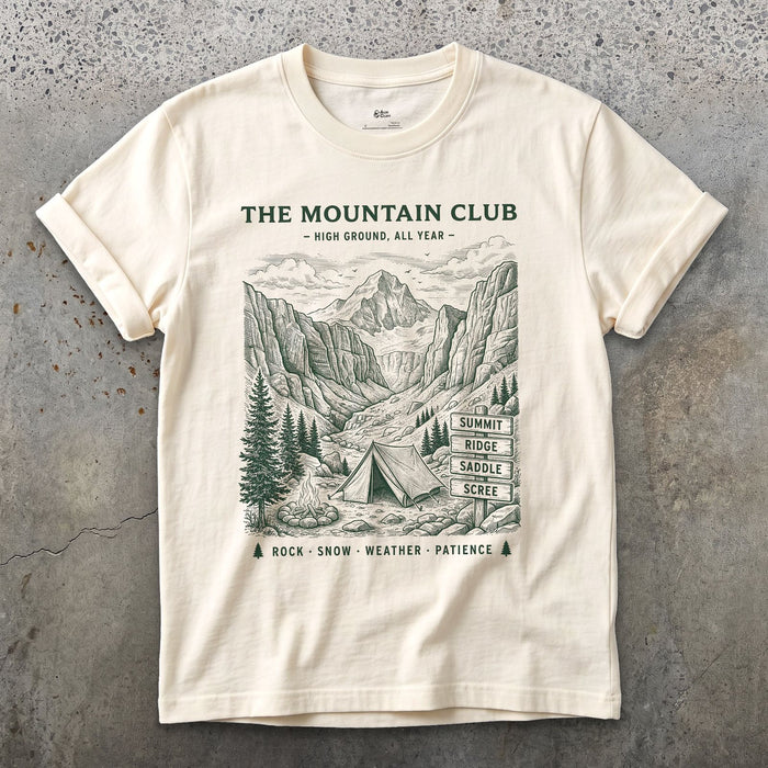 Rock Snow Weather Patience, Mountain Tent and Campfire design on a Natural Gildan Softstyle t-shirt