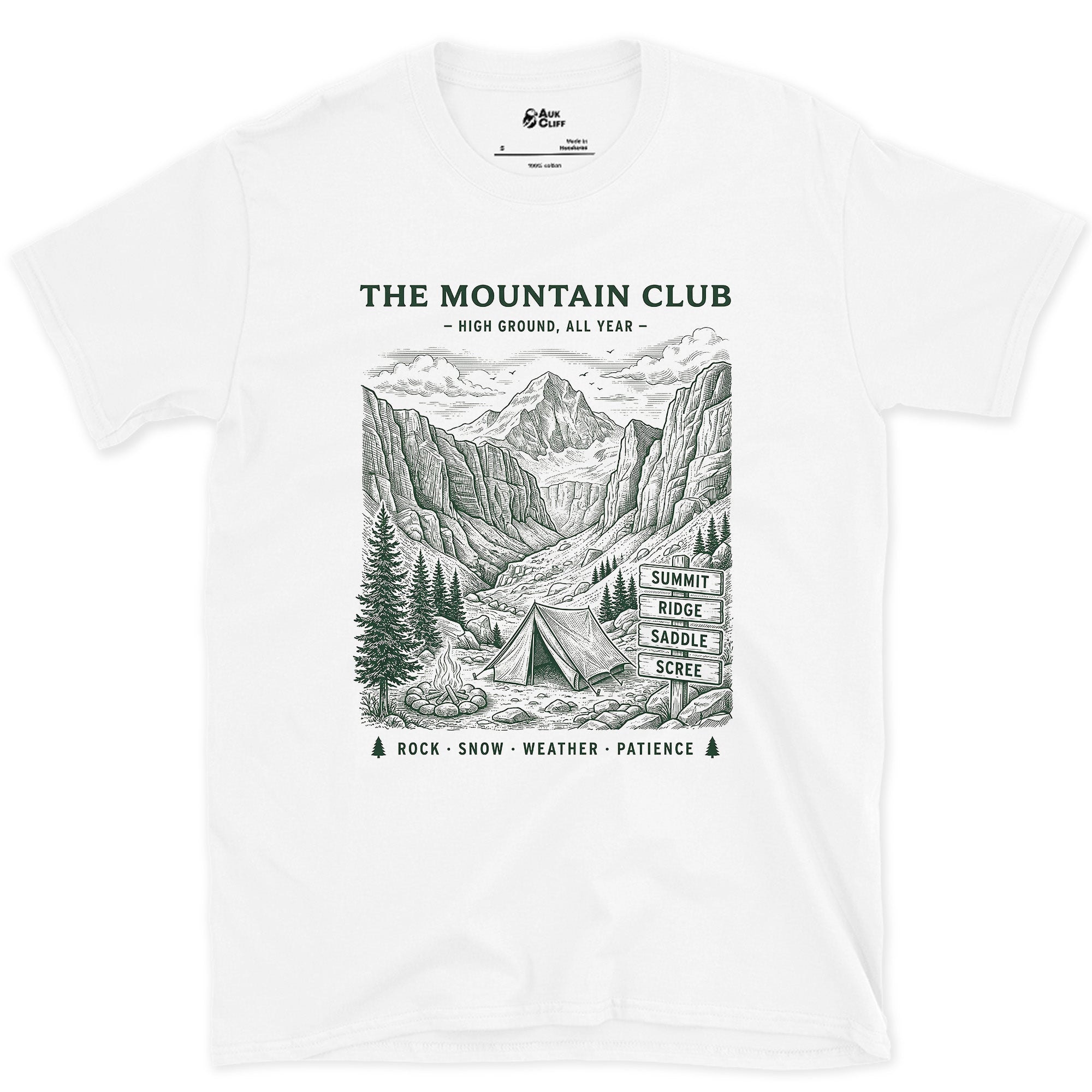 Rock Snow Weather Patience, Mountain Tent and Campfire design on a White Gildan Softstyle t-shirt