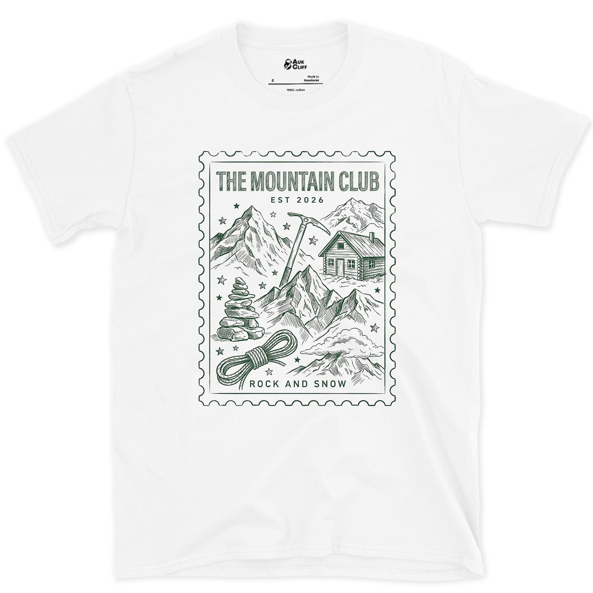 The Mountain Club, Everything a Trip Requires design on a White Gildan Softstyle t-shirt