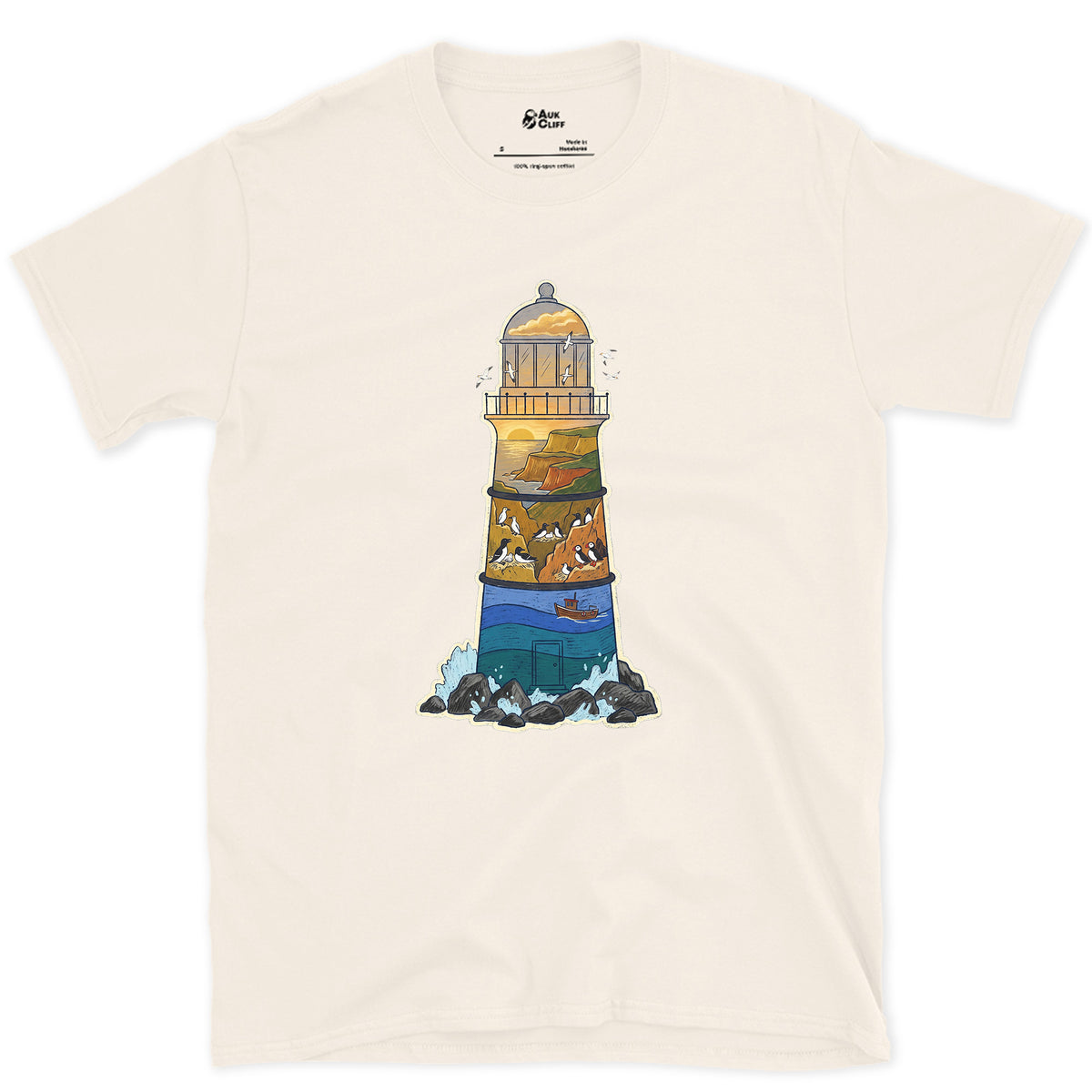 Rocky Headland, Lighthouse design on a Natural Gildan Softstyle t-shirt