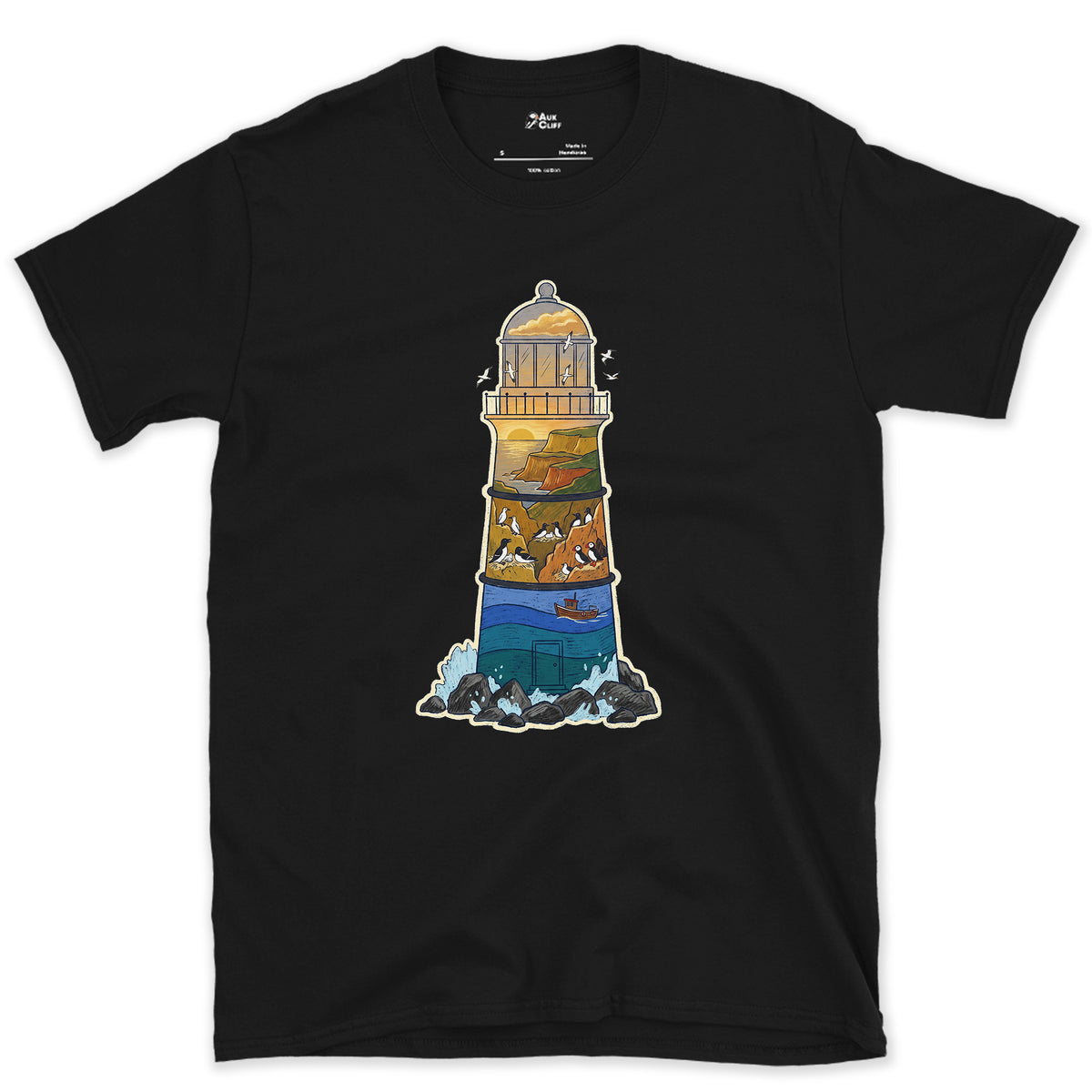Rocky Headland, Lighthouse design on a Black Gildan Softstyle t-shirt