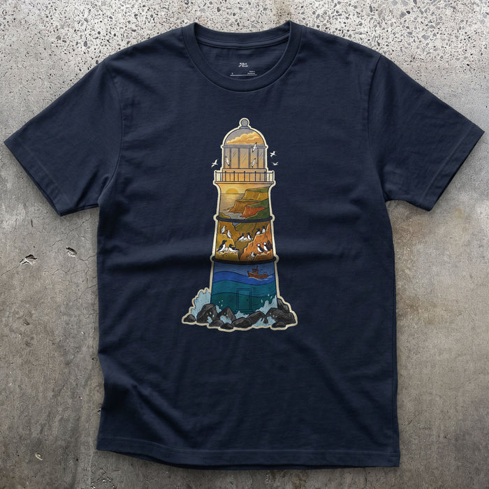 Rocky Headland, Lighthouse design on a Navy Gildan Softstyle t-shirt