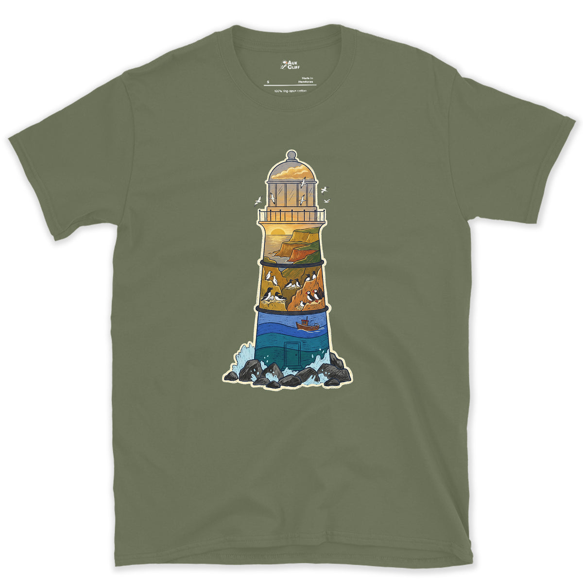 Rocky Headland, Lighthouse design on a Military Green Gildan Softstyle t-shirt