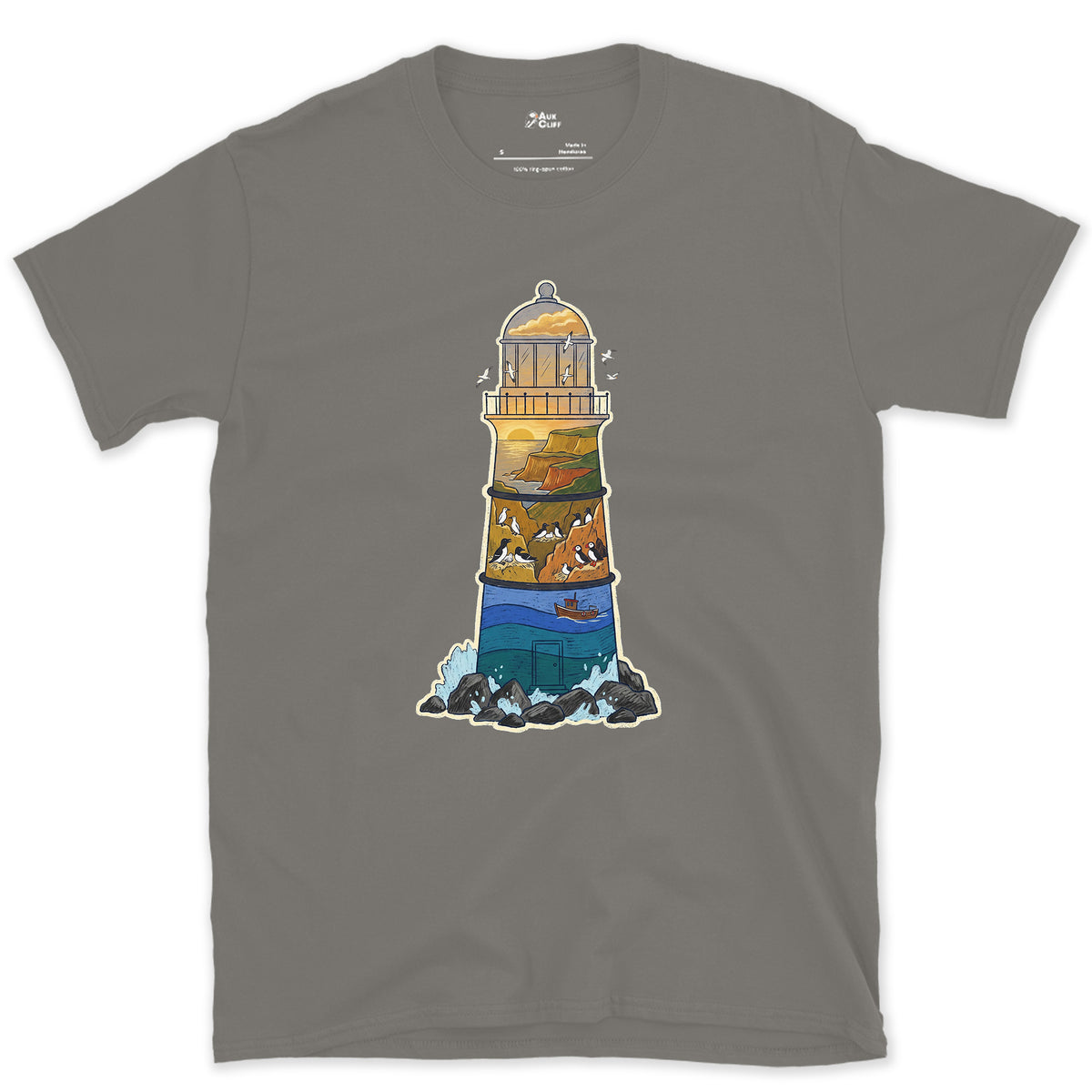 Rocky Headland, Lighthouse design on a Charcoal Gildan Softstyle t-shirt