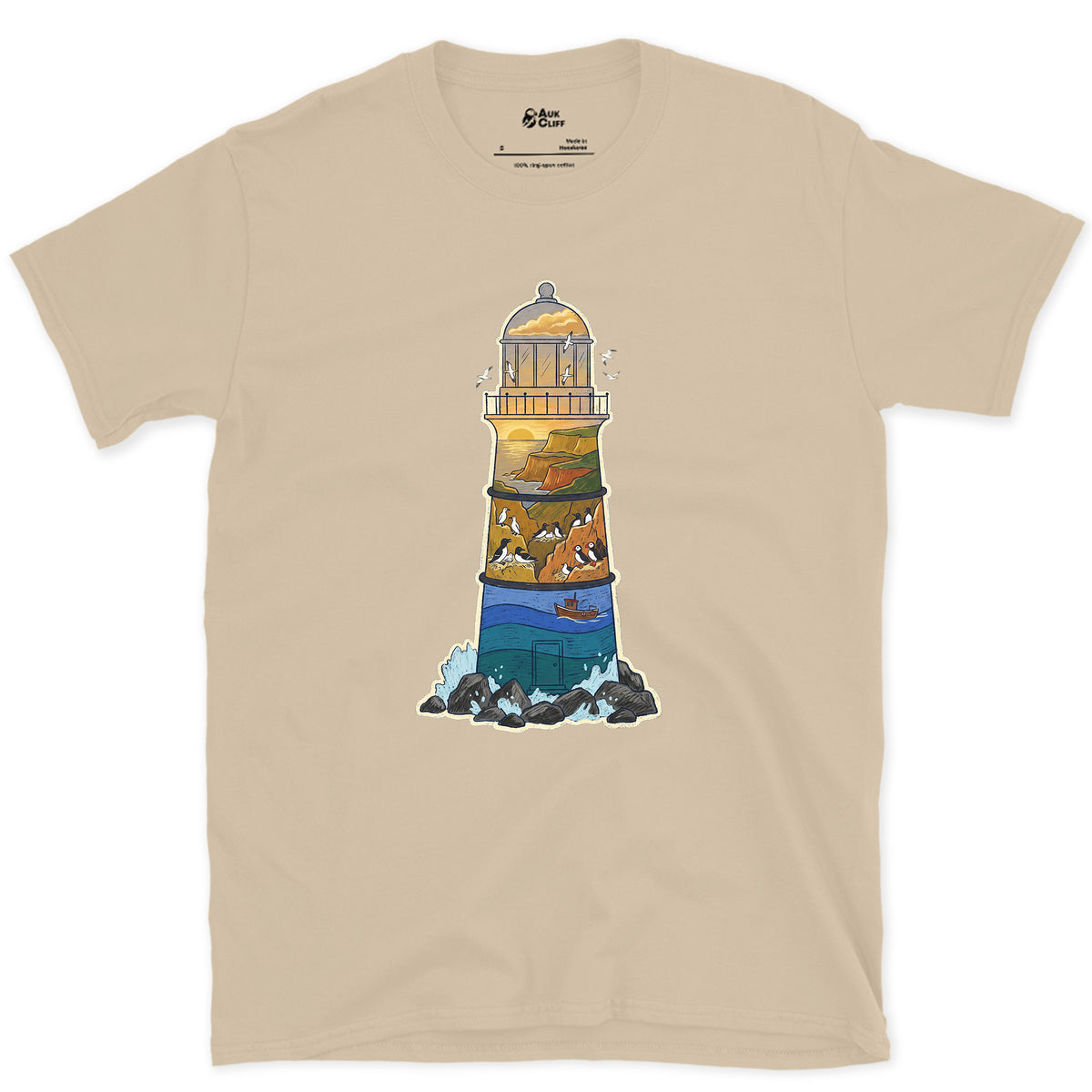 Rocky Headland, Lighthouse design on a Sand Gildan Softstyle t-shirt