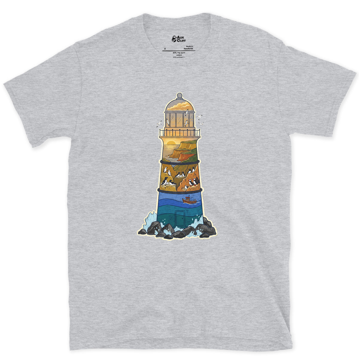 Rocky Headland, Lighthouse design on a Sport Grey Gildan Softstyle t-shirt