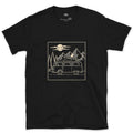 Roof Popped Under Pines and a Rising Moon design on a Black Gildan Softstyle t-shirt