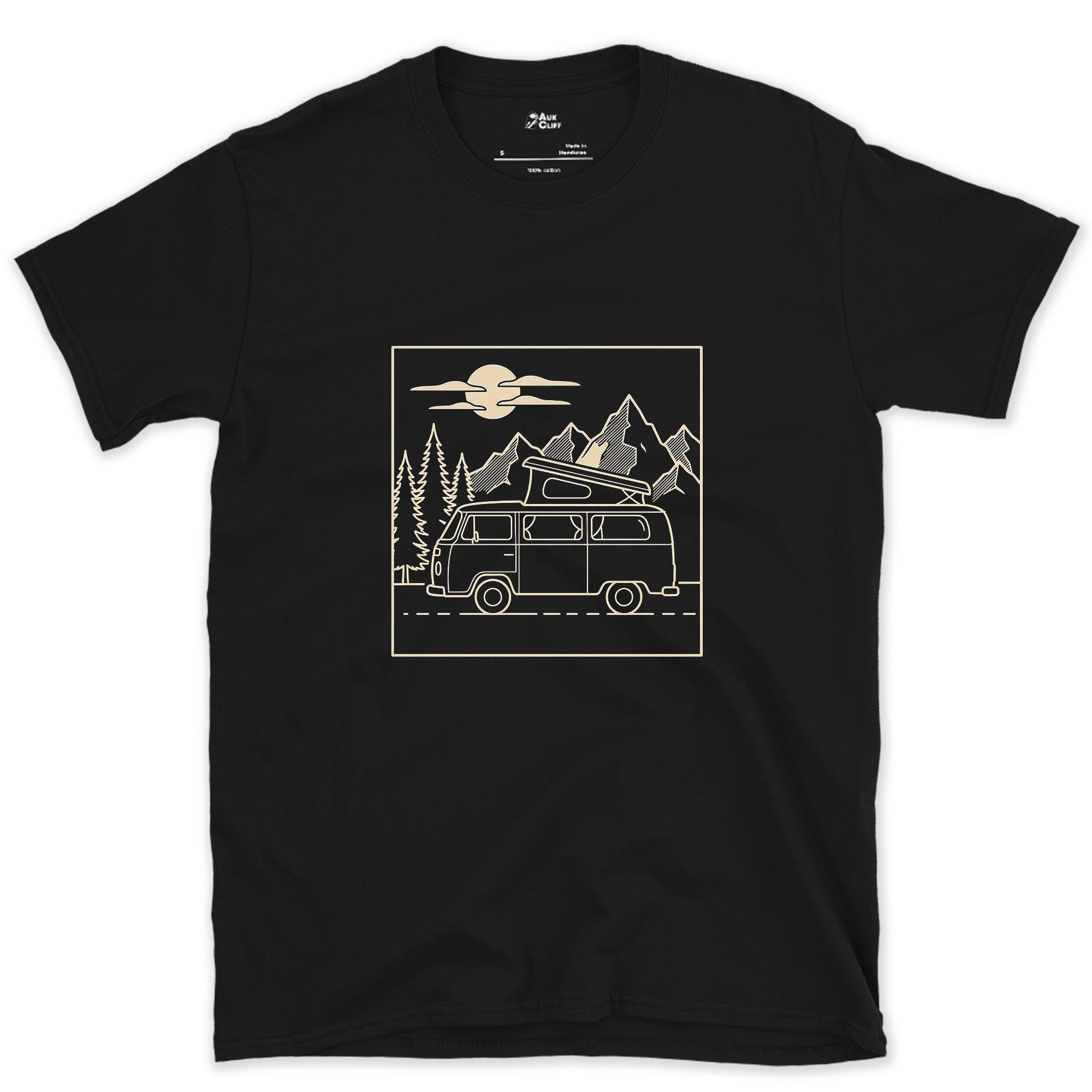 Roof Popped Under Pines and a Rising Moon design on a Black Gildan Softstyle t-shirt