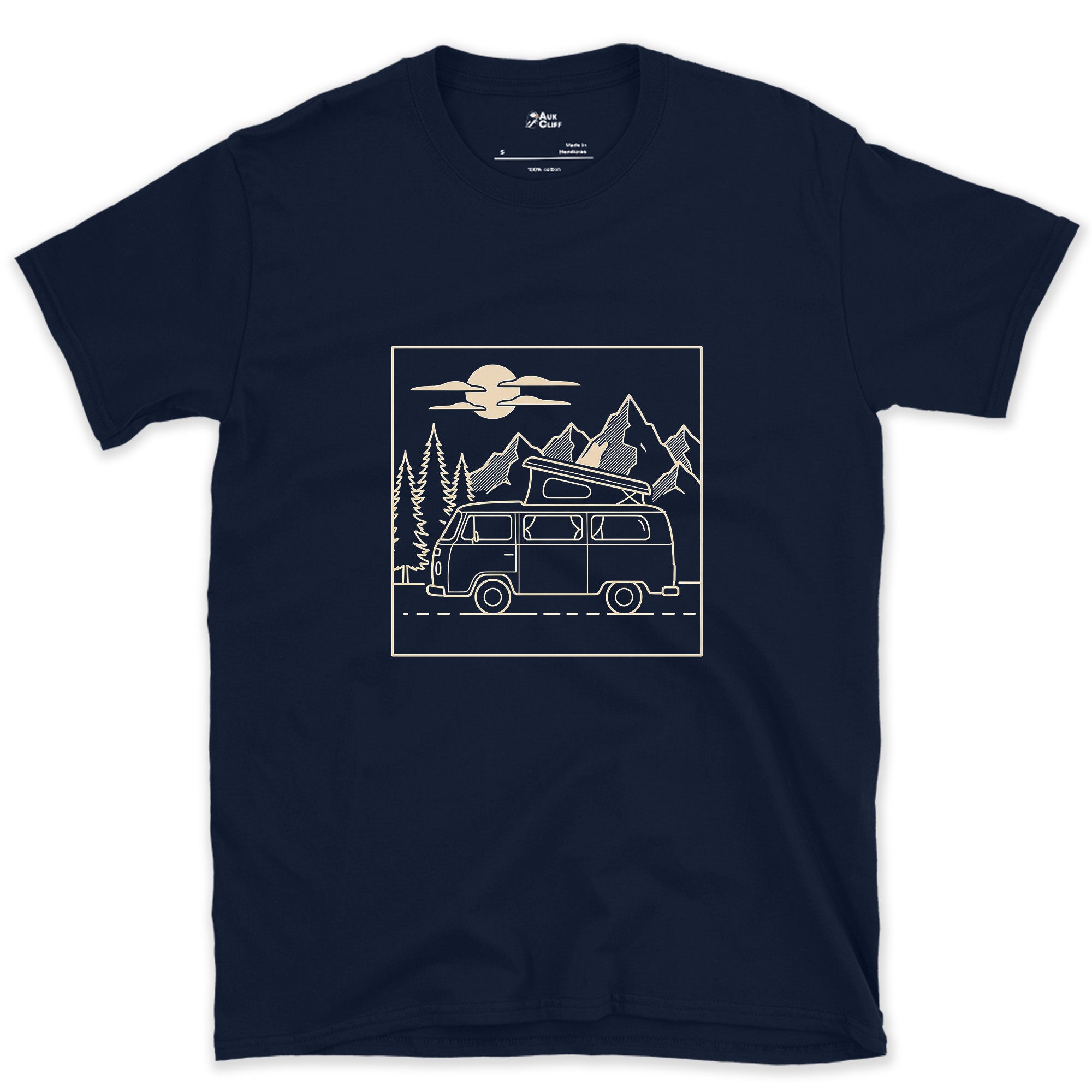 Roof Popped Under Pines and a Rising Moon design on a Navy Gildan Softstyle t-shirt