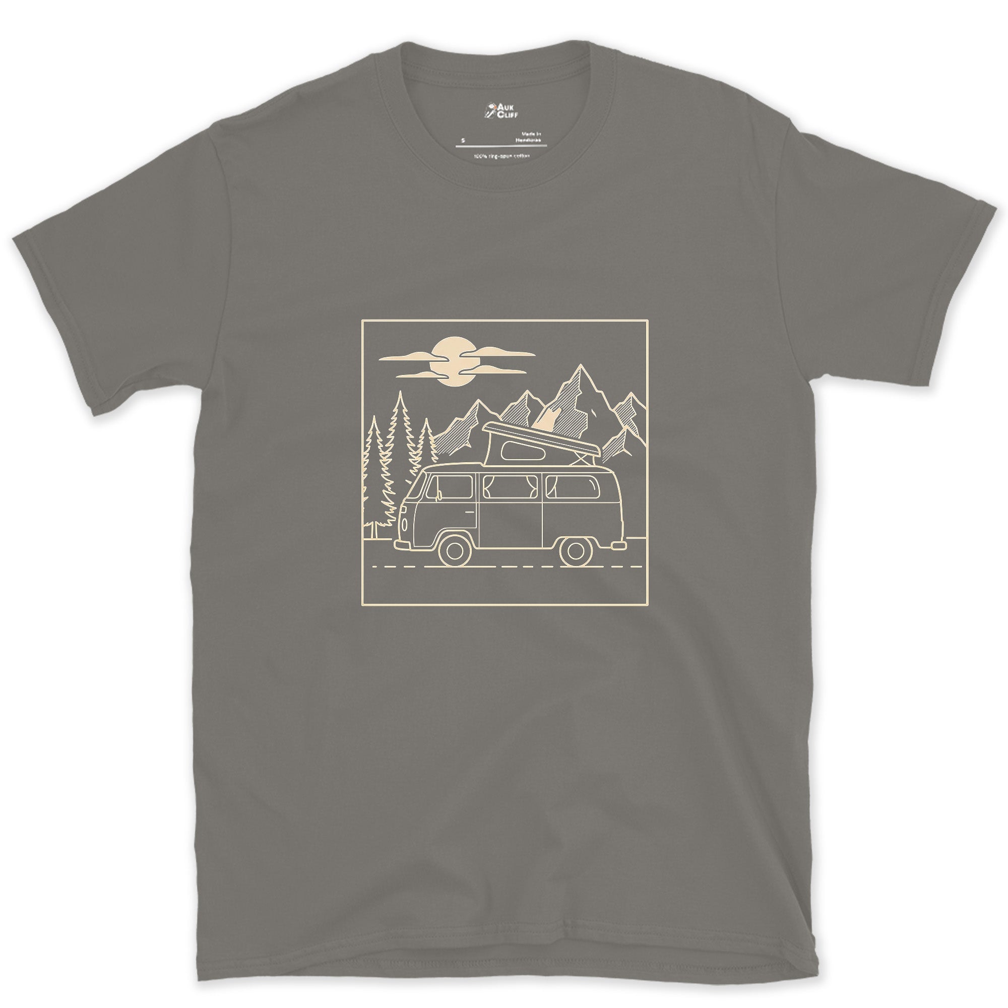Roof Popped Under Pines and a Rising Moon design on a Charcoal Gildan Softstyle t-shirt