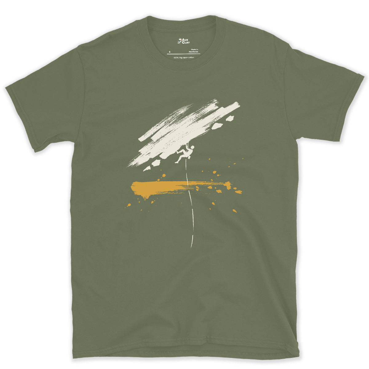 Rope, Rock, One Climber design on a Military Green Gildan Softstyle t-shirt