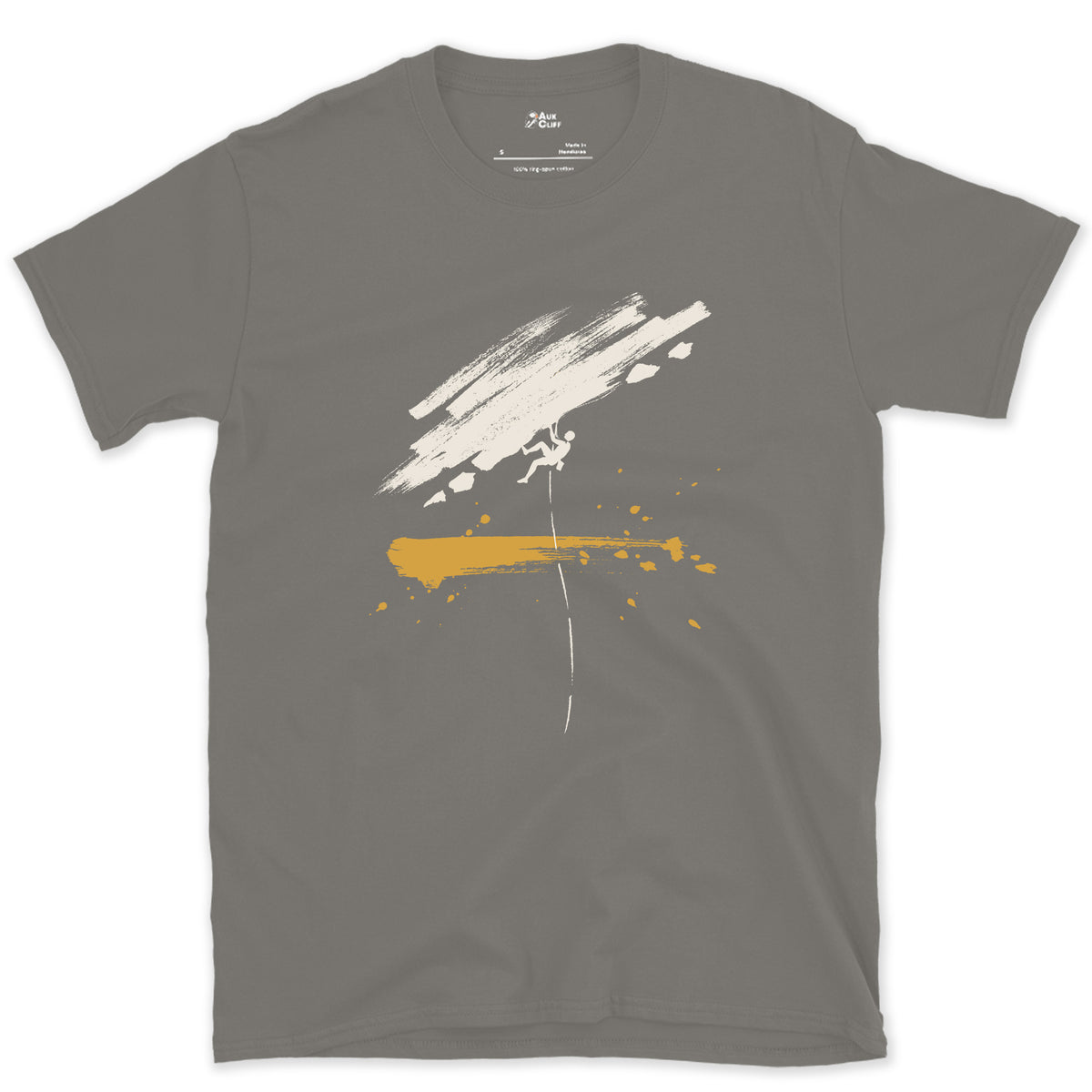 Rope, Rock, One Climber design on a Charcoal Gildan Softstyle t-shirt