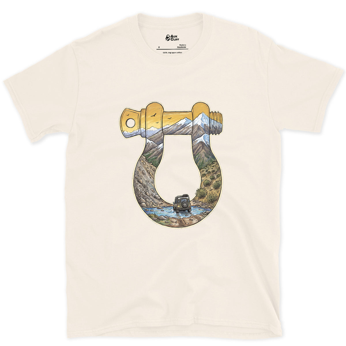 Rough Track Through a Bow Shackle design on a Natural Gildan Softstyle t-shirt