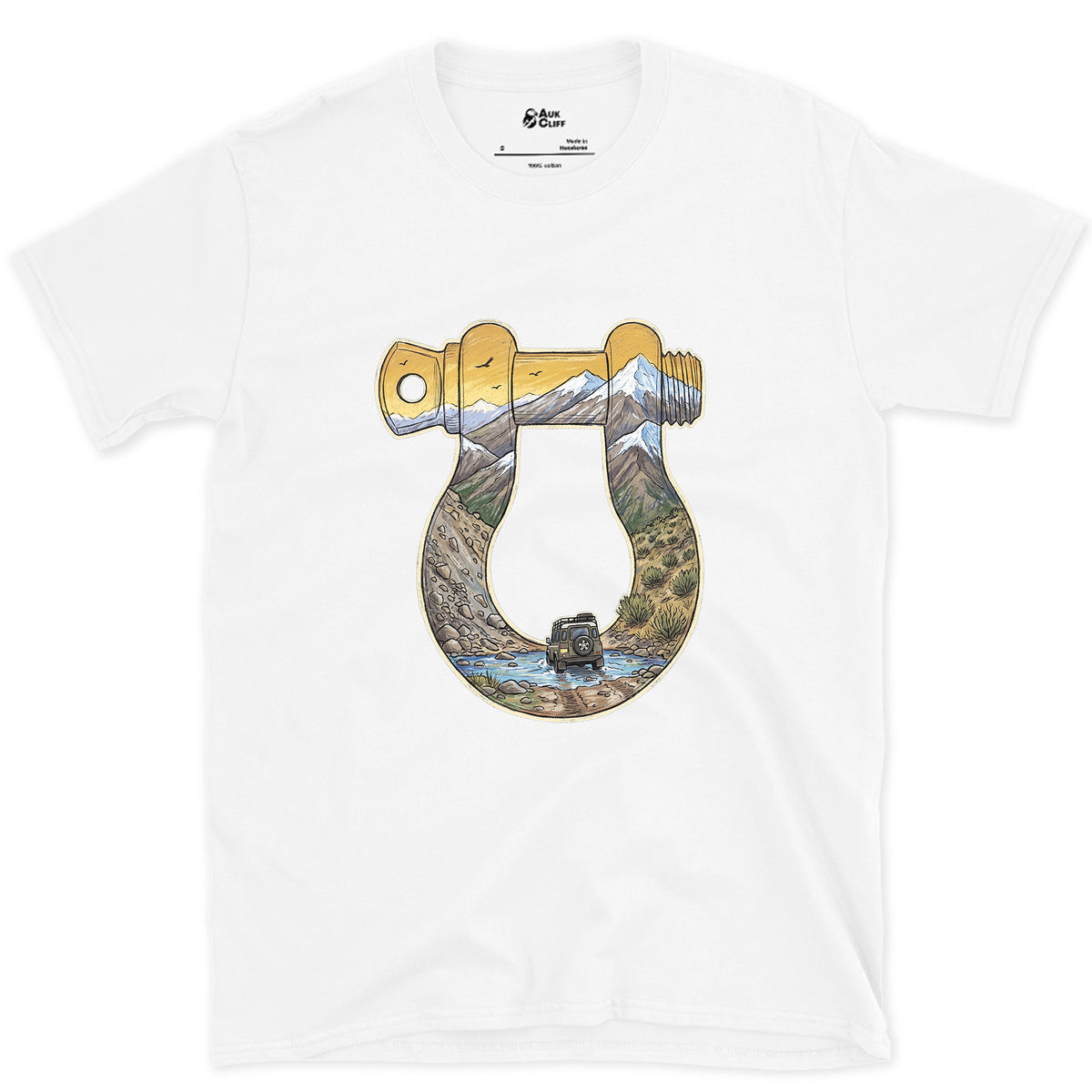 Rough Track Through a Bow Shackle design on a White Gildan Softstyle t-shirt