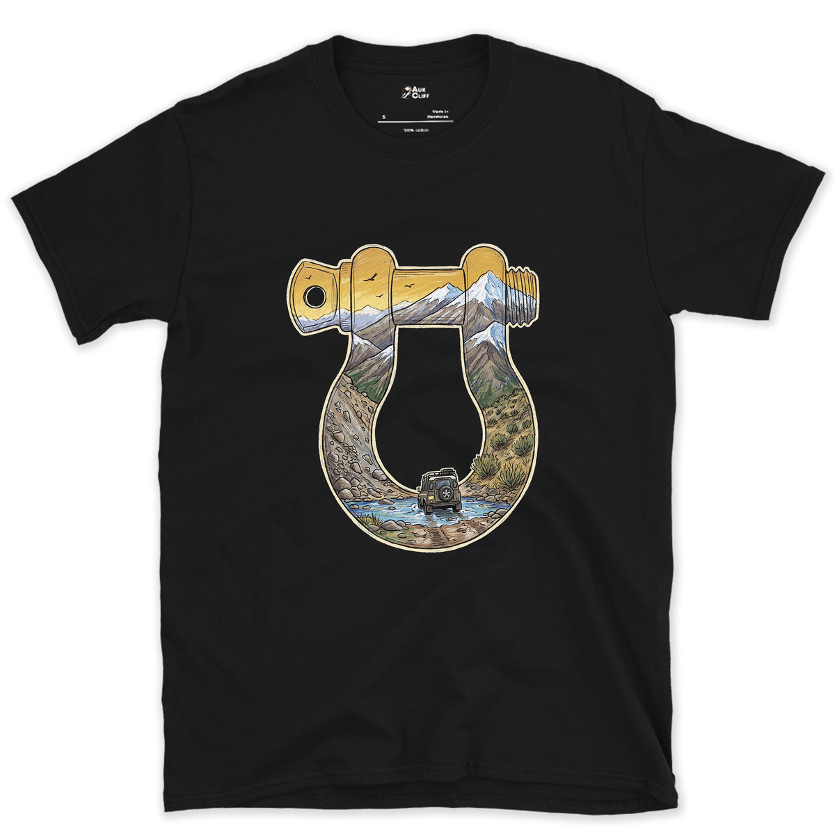 Rough Track Through a Bow Shackle design on a Black Gildan Softstyle t-shirt