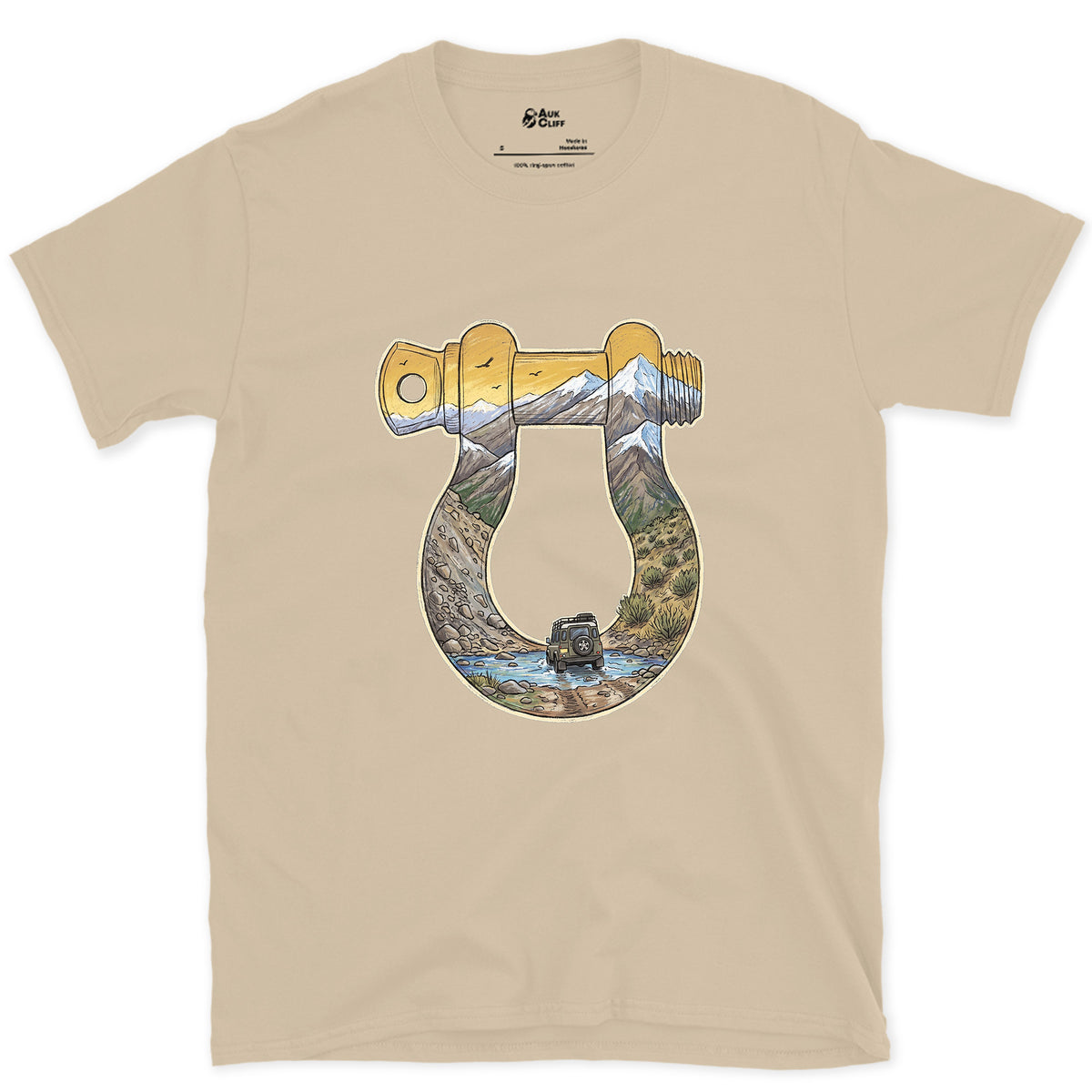 Rough Track Through a Bow Shackle design on a Sand Gildan Softstyle t-shirt