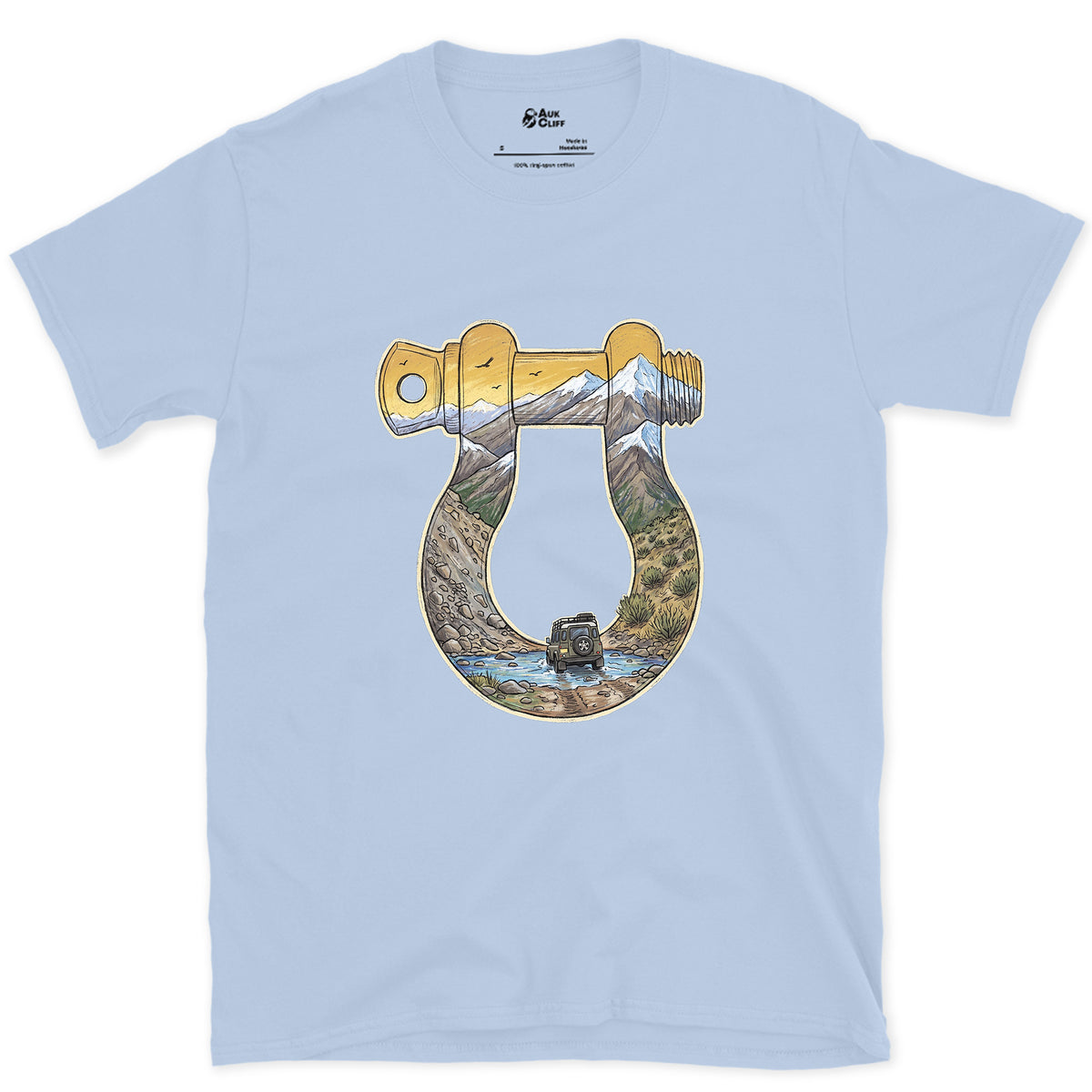 Rough Track Through a Bow Shackle design on a Light Blue Gildan Softstyle t-shirt